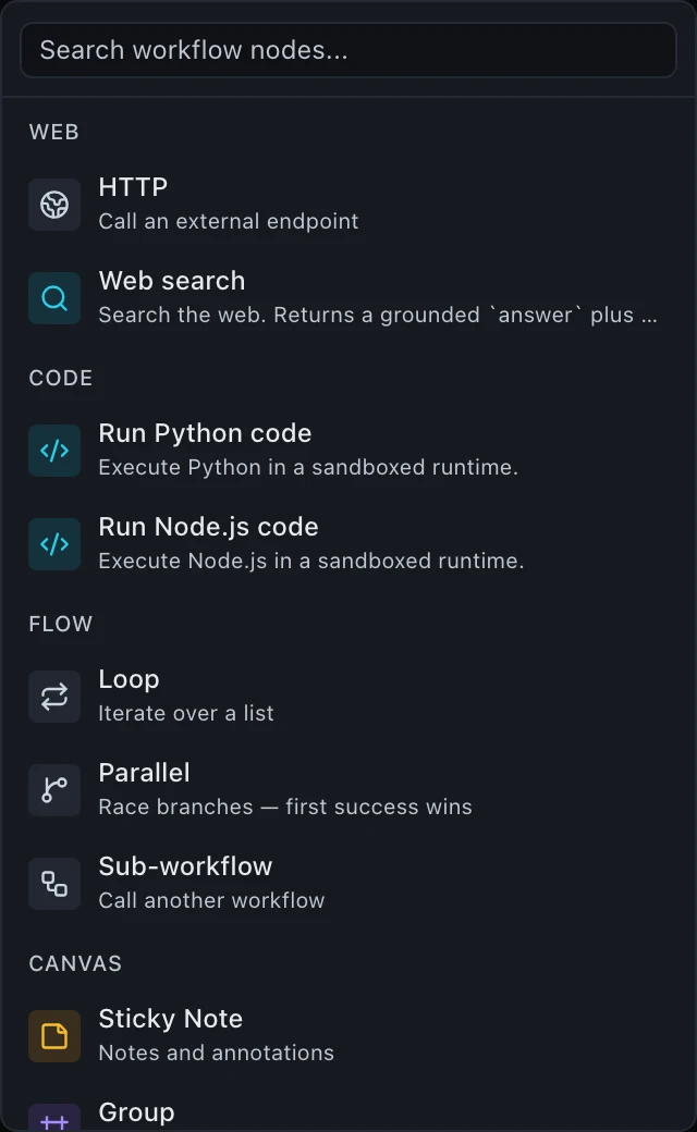 A palette group headed WEB with two entries: HTTP, call an external endpoint; and Web search, which returns a grounded answer plus more.