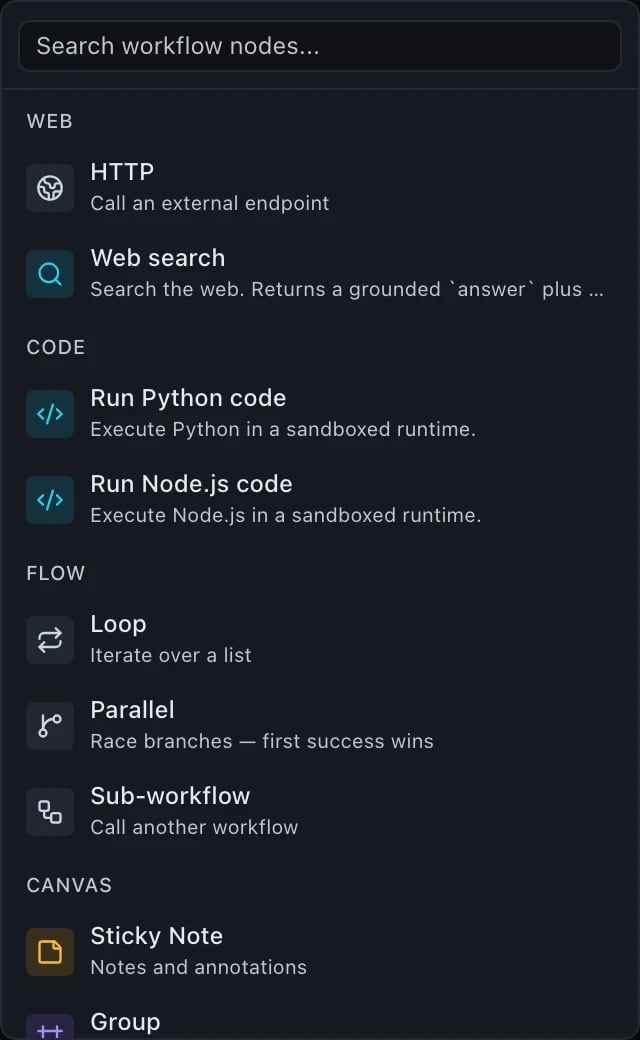 A palette group headed WEB with two entries: HTTP, call an external endpoint; and Web search, which returns a grounded answer plus more.