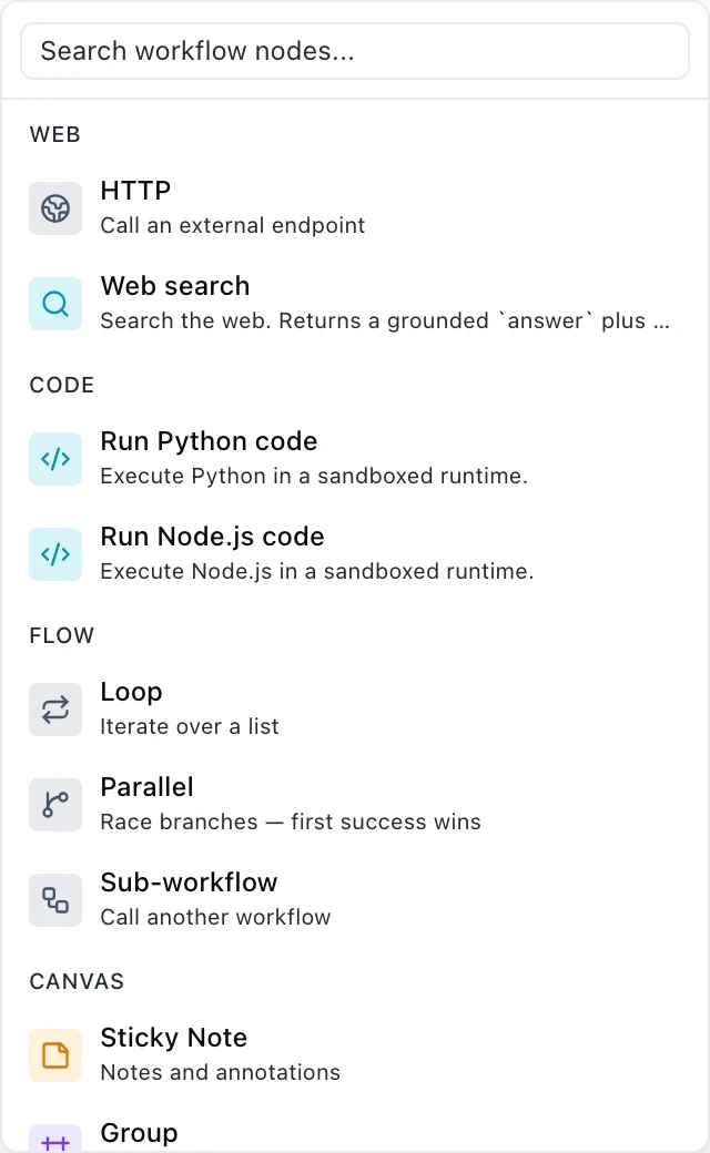 A palette group headed WEB with two entries: HTTP, call an external endpoint; and Web search, which returns a grounded answer plus more.