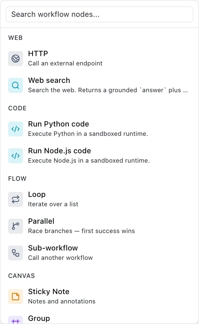A palette group headed WEB with two entries: HTTP, call an external endpoint; and Web search, which returns a grounded answer plus more.