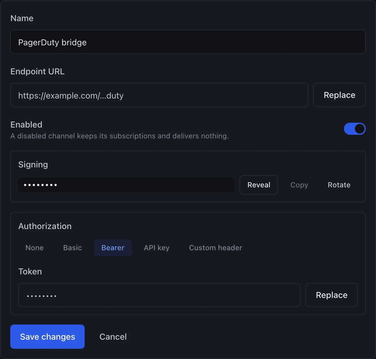 A channel editor panel. A Name field holding PagerDuty bridge. An Endpoint URL field holding the redacted https://example.com/…duty, with a Replace button beside it. An Enabled row, its note reading A disabled channel keeps its subscriptions and delivers nothing, and its switch turned on. A Signing box holding the signing secret as a row of bullets, followed by Reveal, Copy — greyed out until the secret has been revealed — and Rotate. An Authorization box offering None, Basic, Bearer (selected and highlighted), API key and Custom header, and under them a Token field holding a row of bullets with its own Replace button. Save changes and Cancel at the foot of the panel.
