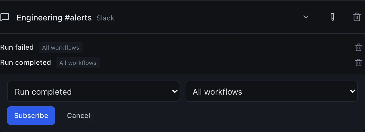 The Engineering #alerts Slack channel row, carrying three controls on the right: a chevron that opens that channel's editor, a test-tube icon that sends a test message down the channel, so you can find out whether it works without waiting for a real event, and a trash icon that deletes the channel. Below the row its two existing subscriptions, Run failed and Run completed, each scoped All workflows with a trash icon to remove it, and beneath those an open Add subscription form: an event dropdown set to Run completed and a scope dropdown set to All workflows, with Subscribe and Cancel buttons.