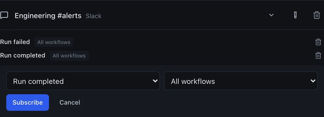 The Engineering #alerts Slack channel row, carrying three controls on the right: a chevron that opens that channel's editor, a test-tube icon that sends a test message down the channel, so you can find out whether it works without waiting for a real event, and a trash icon that deletes the channel. Below the row its two existing subscriptions, Run failed and Run completed, each scoped All workflows with a trash icon to remove it, and beneath those an open Add subscription form: an event dropdown set to Run completed and a scope dropdown set to All workflows, with Subscribe and Cancel buttons.