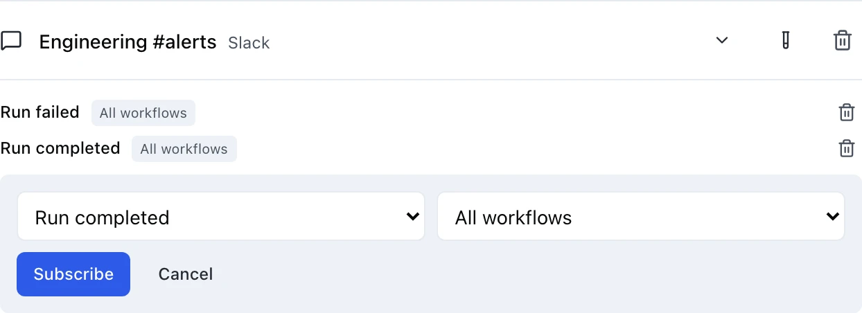The Engineering #alerts Slack channel row, carrying three controls on the right: a chevron that opens that channel's editor, a test-tube icon that sends a test message down the channel, so you can find out whether it works without waiting for a real event, and a trash icon that deletes the channel. Below the row its two existing subscriptions, Run failed and Run completed, each scoped All workflows with a trash icon to remove it, and beneath those an open Add subscription form: an event dropdown set to Run completed and a scope dropdown set to All workflows, with Subscribe and Cancel buttons.