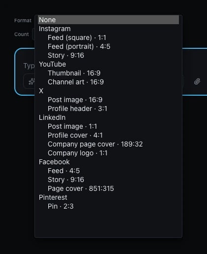 An open Format dropdown listing presets grouped by platform header: Instagram (Feed square 1:1, Feed portrait 4:5, Story 9:16), YouTube (Thumbnail 16:9, Channel art 16:9), X (Post image 16:9, Profile header 3:1), LinkedIn (Post image 1:1, Profile cover 4:1, Company page cover 189:32, Company logo 1:1), Facebook (Feed 4:5, Story 9:16, Page cover 851:315), and Pinterest (Pin 2:3), with a None option above the groups to clear the selection.