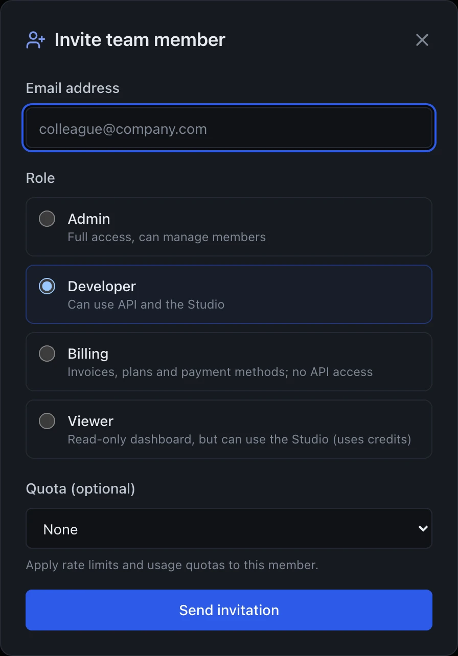 A dialog headed Invite team member with a close X in the top right. An Email address field with placeholder text colleague@company.com. A Role section with four radio choices: Admin, described Full access, can manage members; Developer, selected and highlighted, described Can use API and the Studio; Billing, described Invoices, plans and payment methods; no API access; and Viewer, described Read-only dashboard, but can use the Studio (uses credits). Below the roles a Quota (optional) dropdown set to None, with the helper text Apply rate limits and usage quotas to this member. A full-width Send invitation button in blue at the bottom.