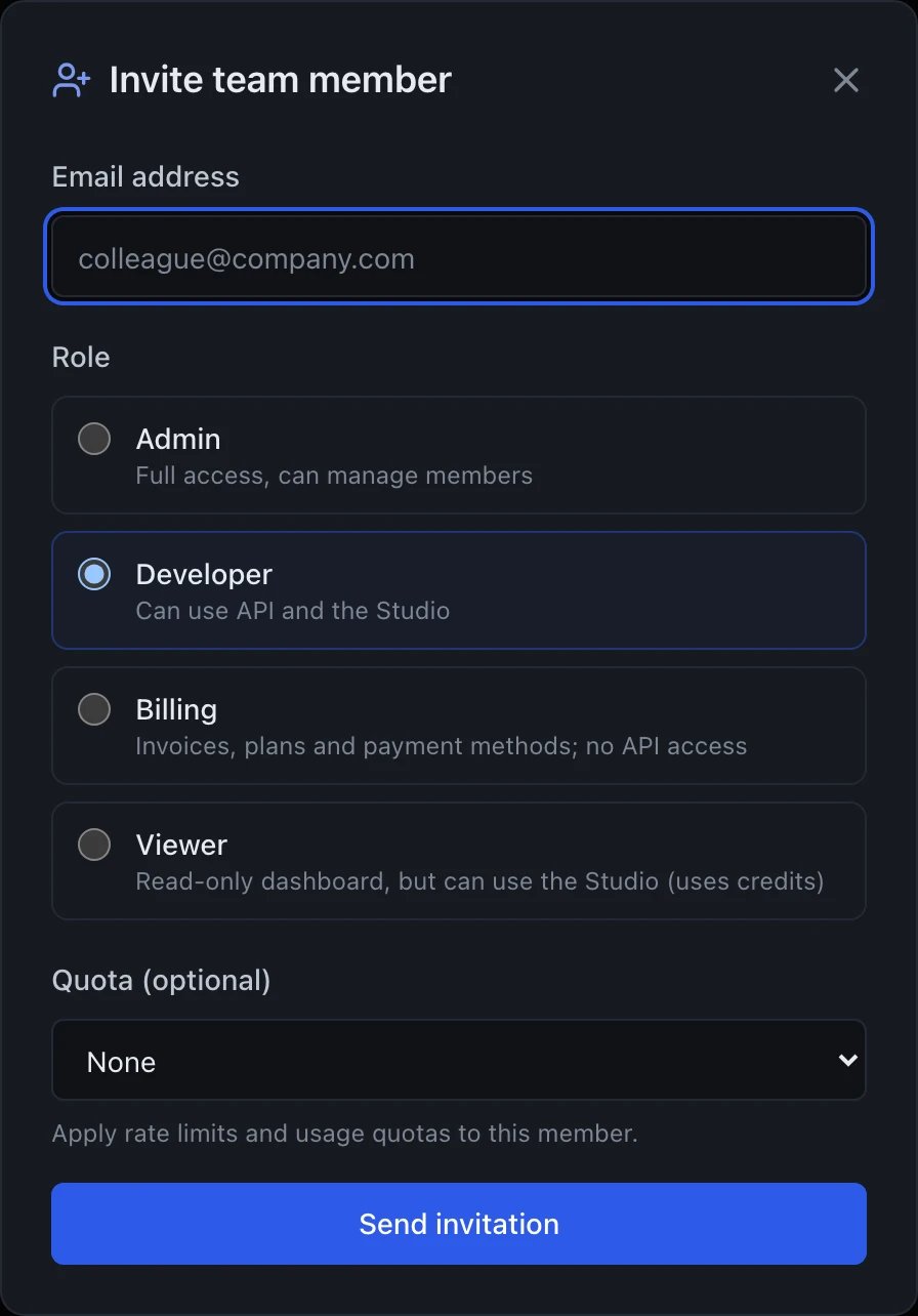 A dialog headed Invite team member with a close X in the top right. An Email address field with placeholder text colleague@company.com. A Role section with four radio choices: Admin, described Full access, can manage members; Developer, selected and highlighted, described Can use API and the Studio; Billing, described Invoices, plans and payment methods; no API access; and Viewer, described Read-only dashboard, but can use the Studio (uses credits). Below the roles a Quota (optional) dropdown set to None, with the helper text Apply rate limits and usage quotas to this member. A full-width Send invitation button in blue at the bottom.