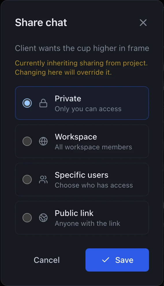 A dialog headed Share chat with the chat's name beneath it, and a note that sharing currently inherits from the project and that changing it here will override that. Four options are listed as radio choices: Private, only you can access, currently selected; Workspace, all workspace members; Specific users, choose who has access; and Public link, anyone with the link. Cancel and Save buttons sit at the bottom.