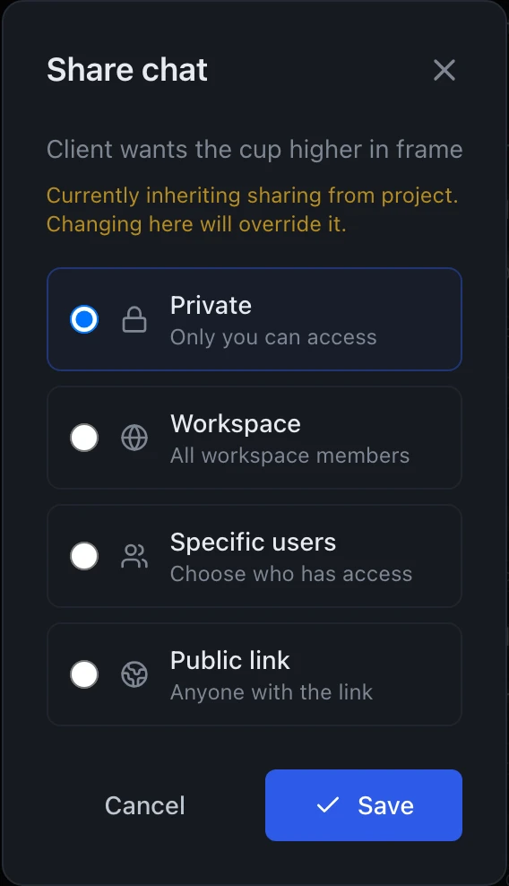 A dialog headed Share chat with the chat's name beneath it, and a note that sharing currently inherits from the project and that changing it here will override that. Four options are listed as radio choices: Private, only you can access, currently selected; Workspace, all workspace members; Specific users, choose who has access; and Public link, anyone with the link. Cancel and Save buttons sit at the bottom.