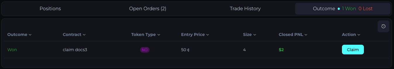 Event page Outcome table