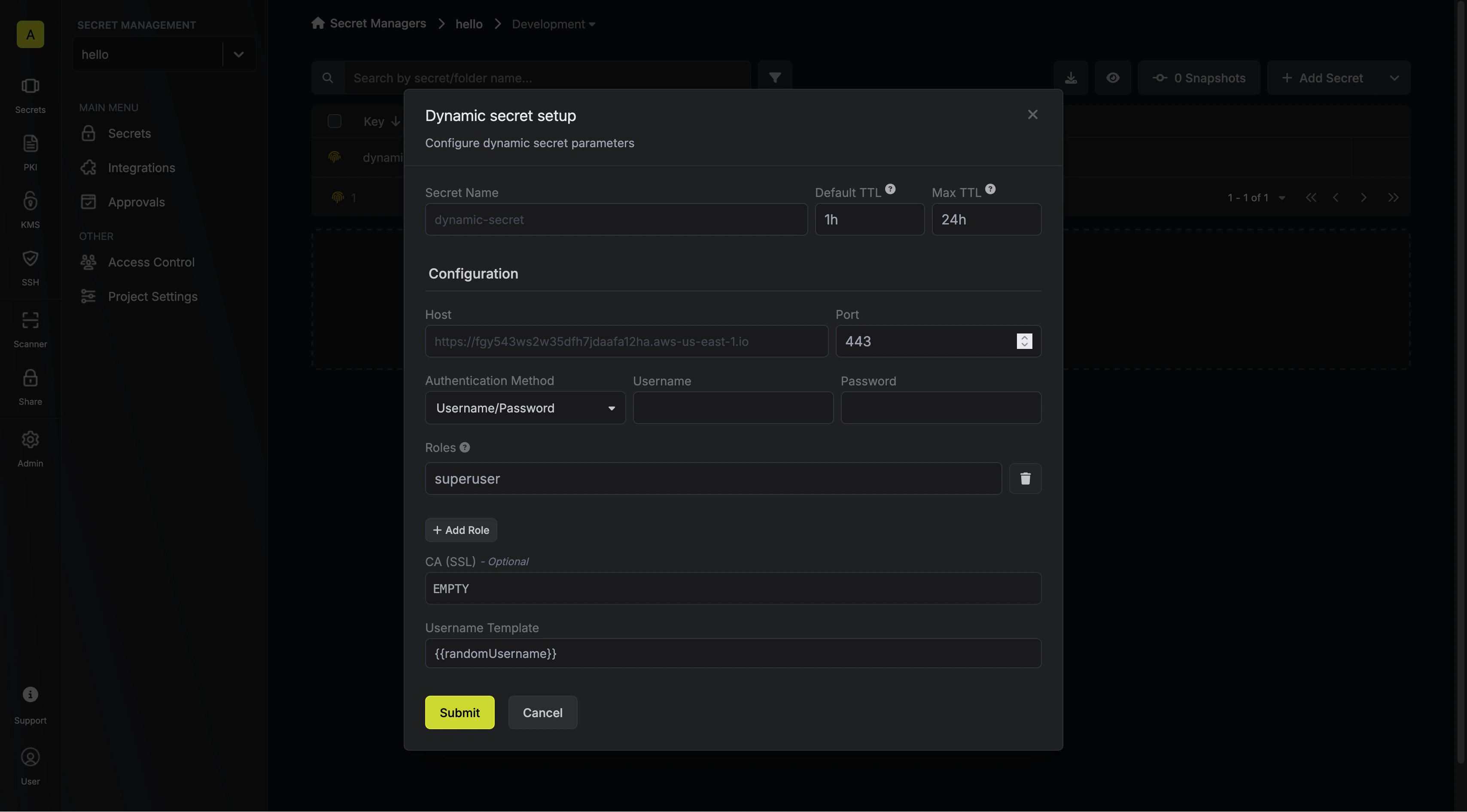 Dynamic Secret Setup Modal