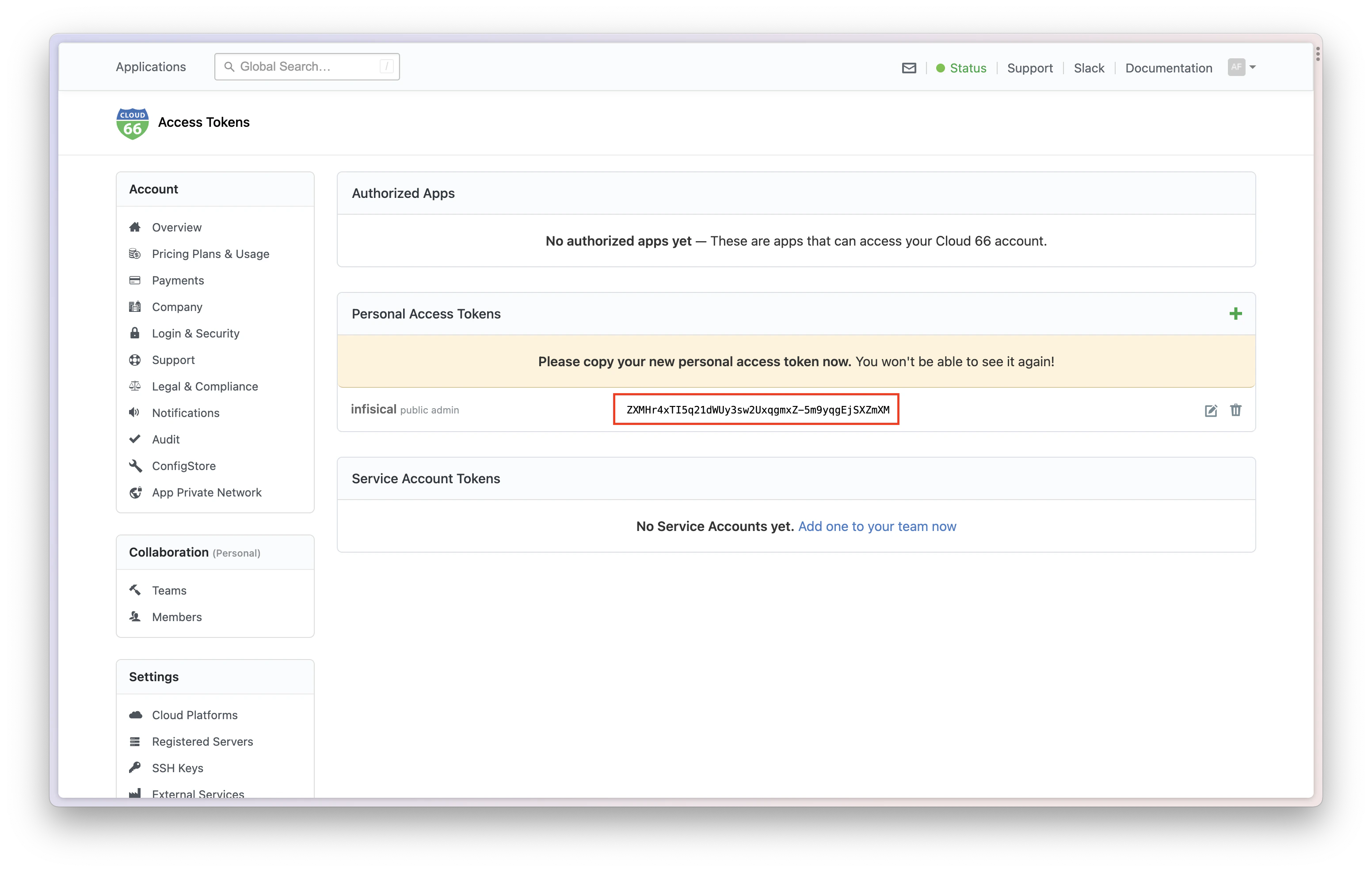 integrations cloud 66 copy API token