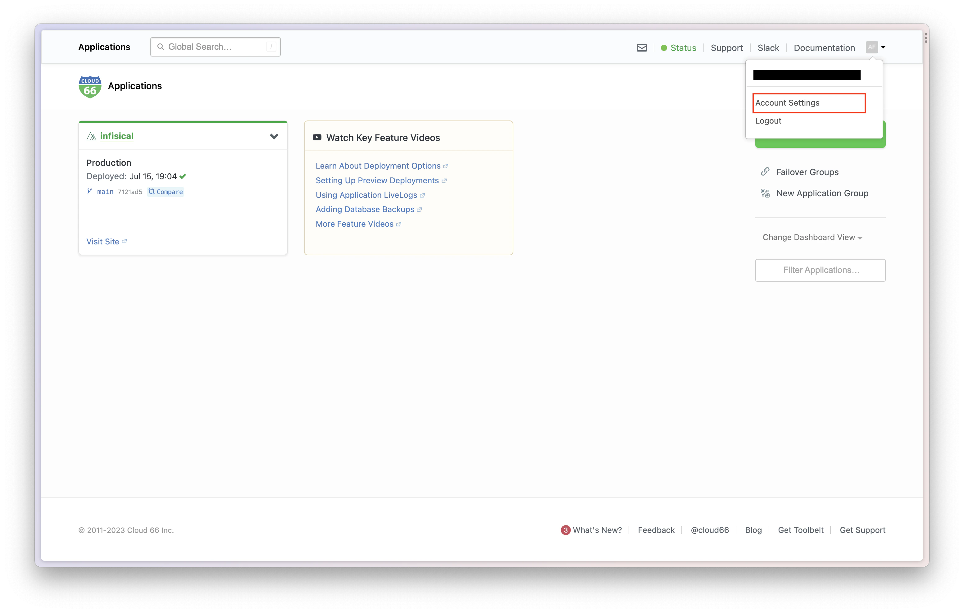 integrations cloud 66 dashboard