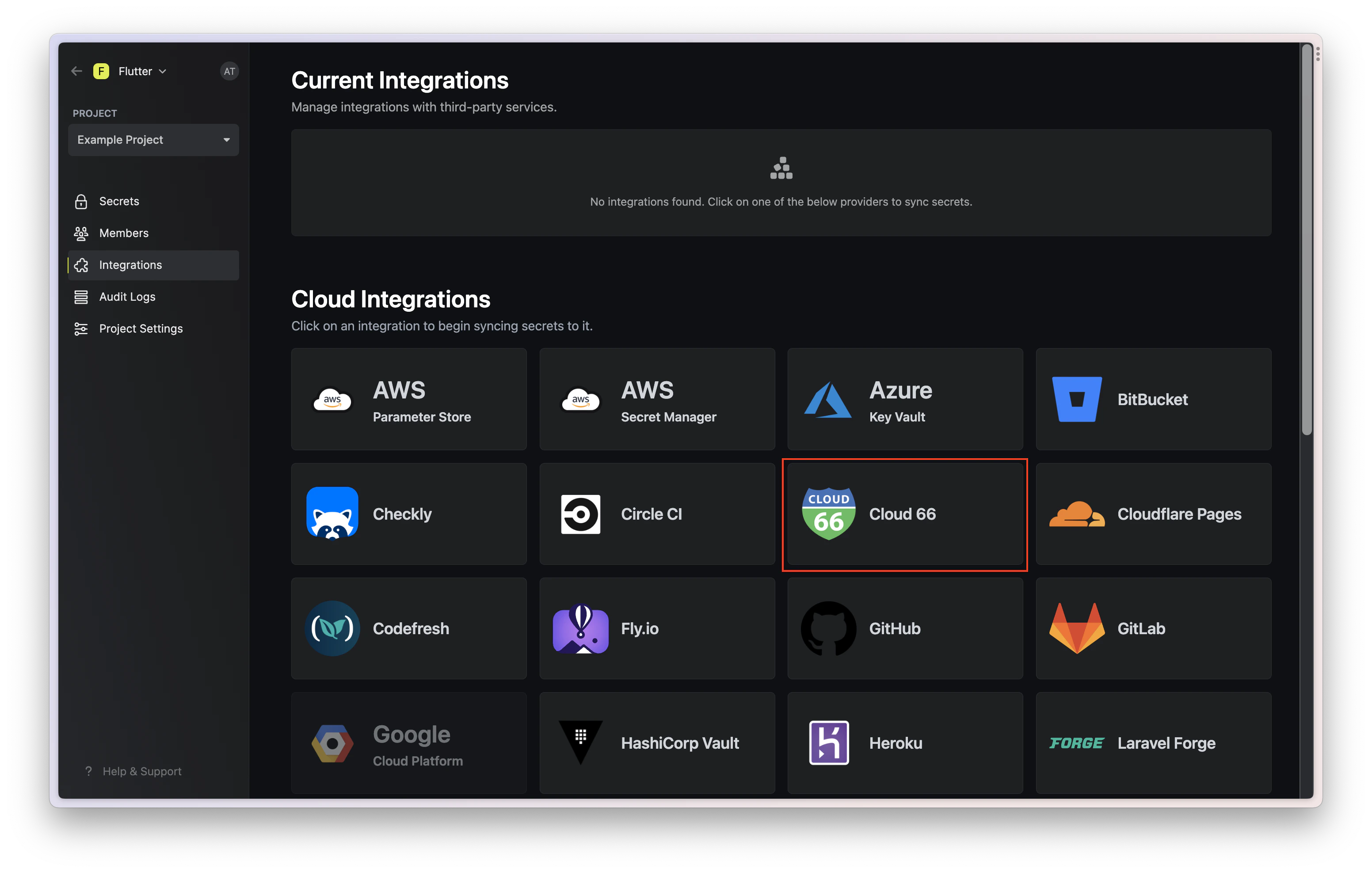 integrations cloud 66 tile in infisical dashboard