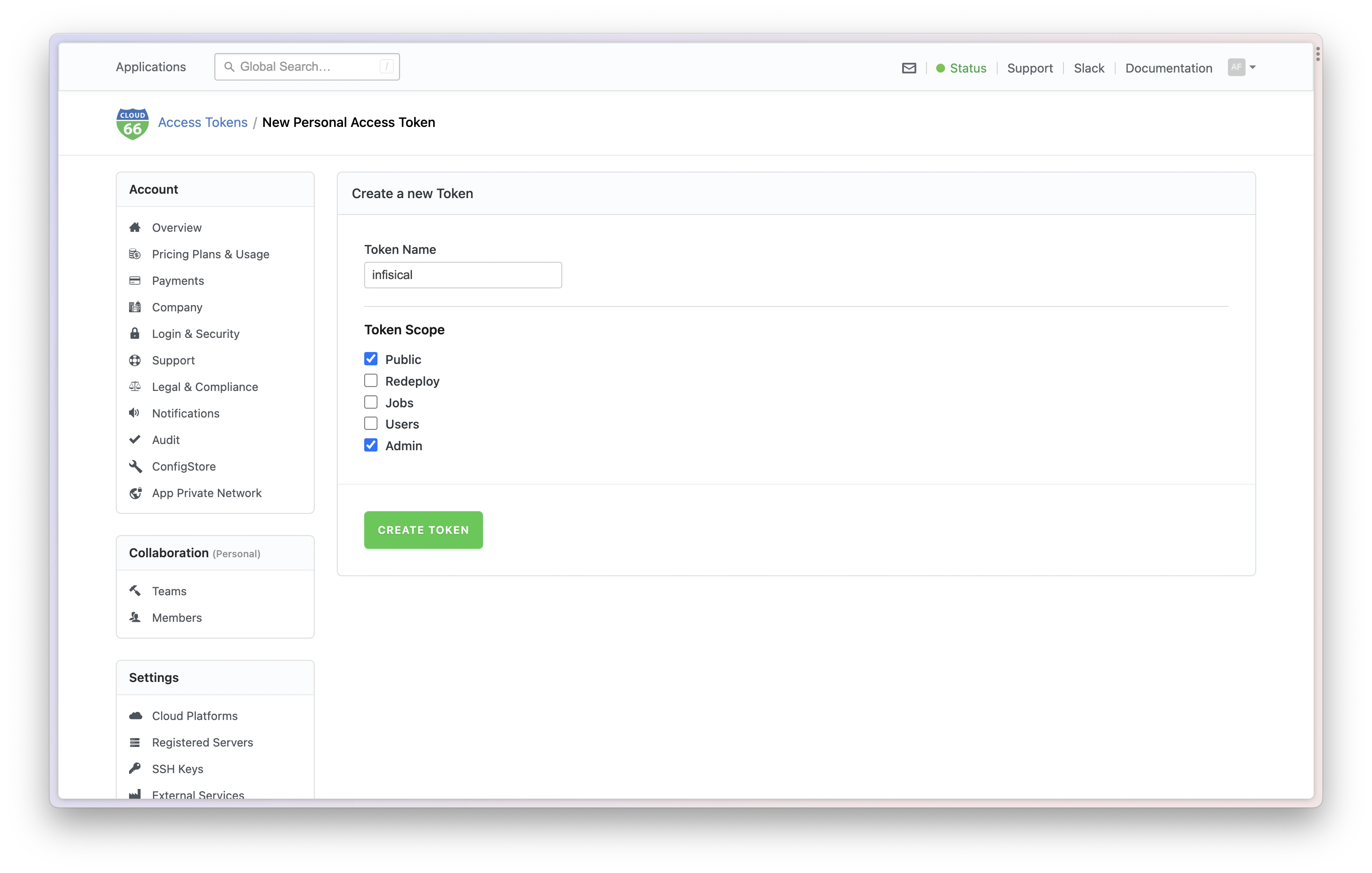 integrations cloud 66 personal access token setup