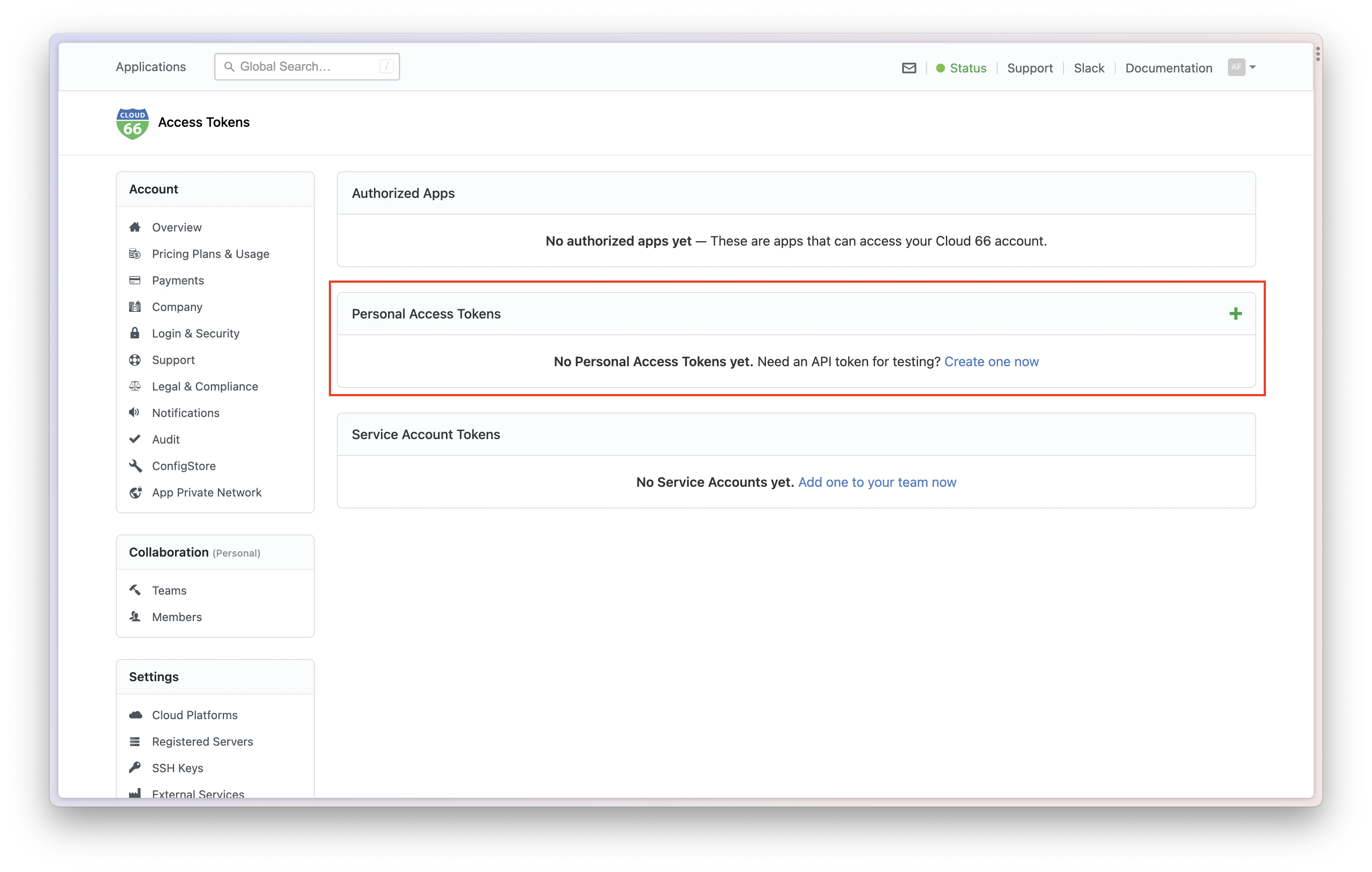 integrations cloud 66 personal access token