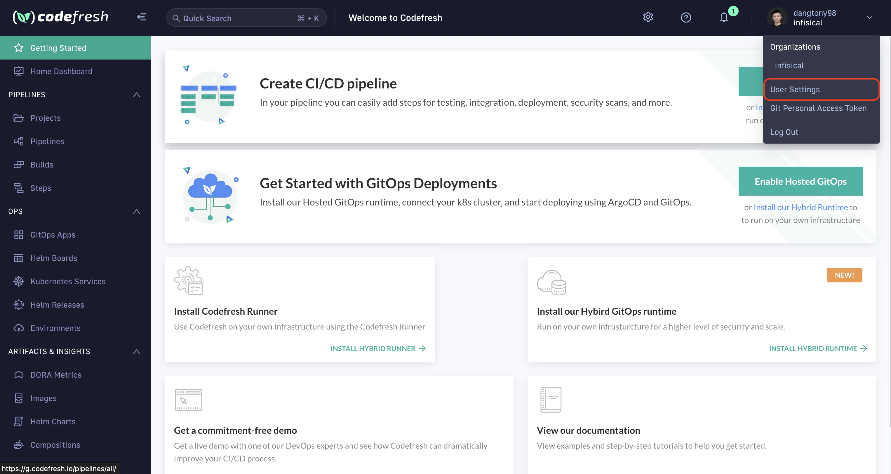 integrations codefresh dashboard