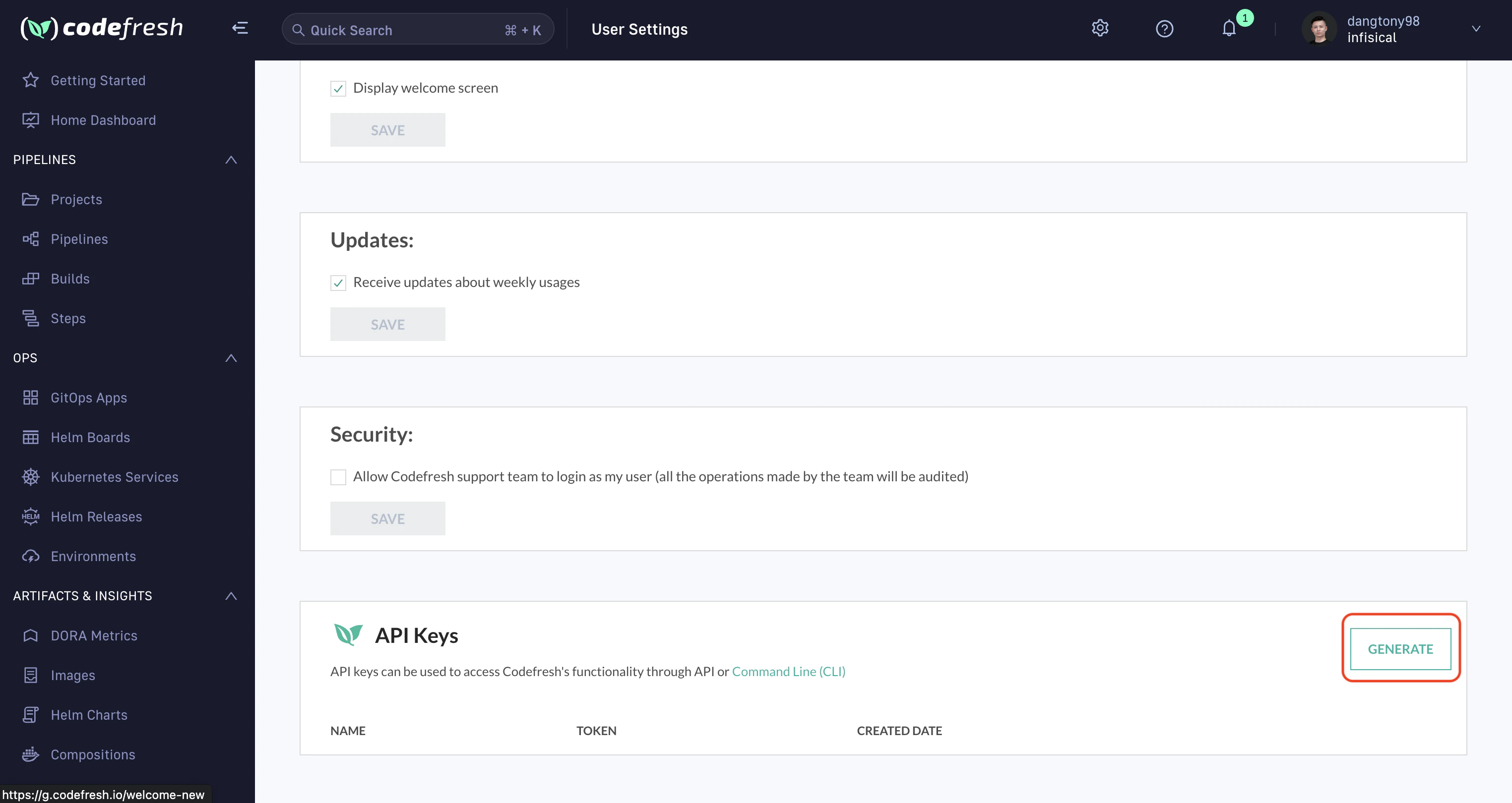 integrations codefresh token
