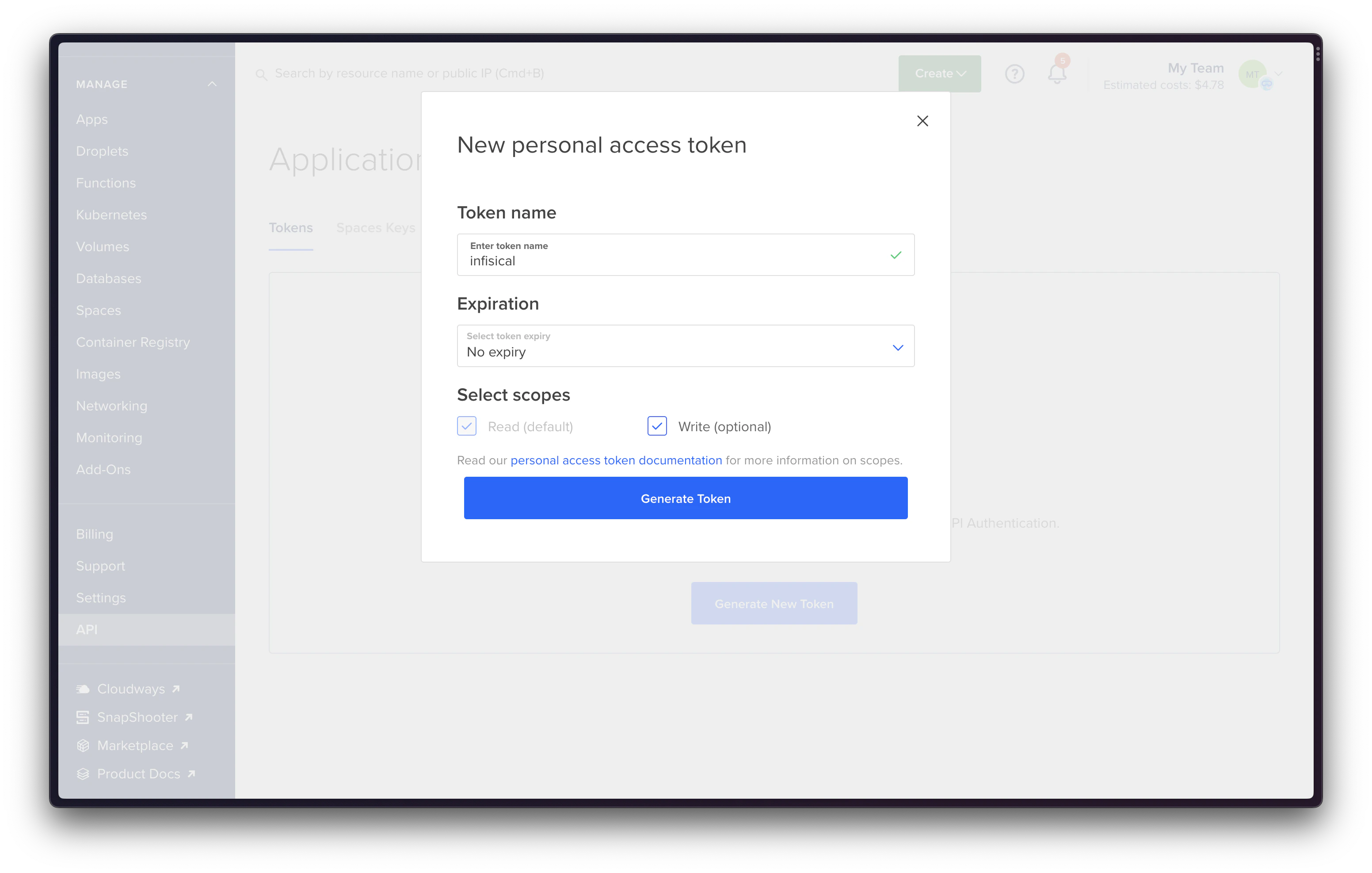 integrations digital ocean token modal