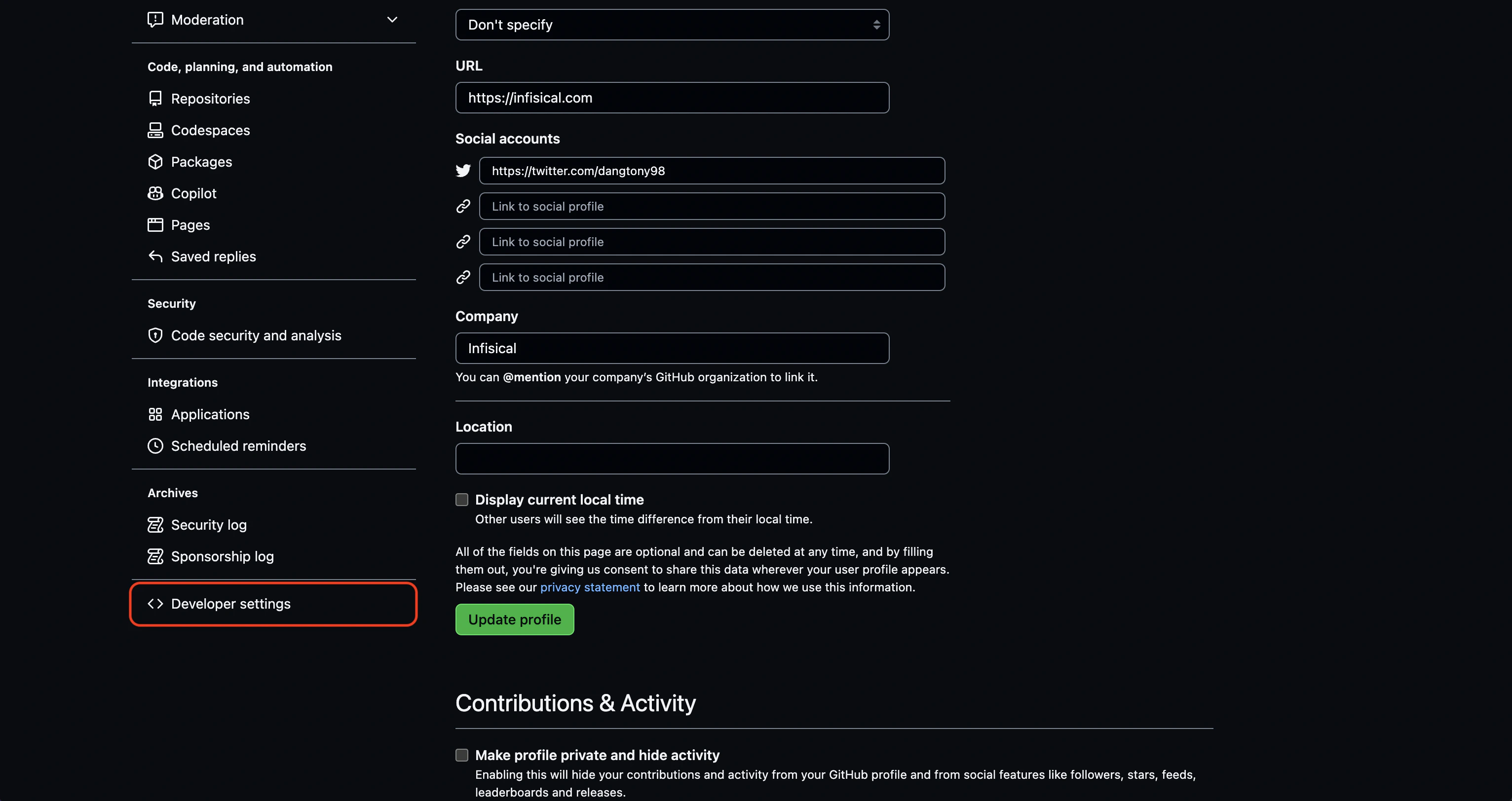GitHub developer settings
