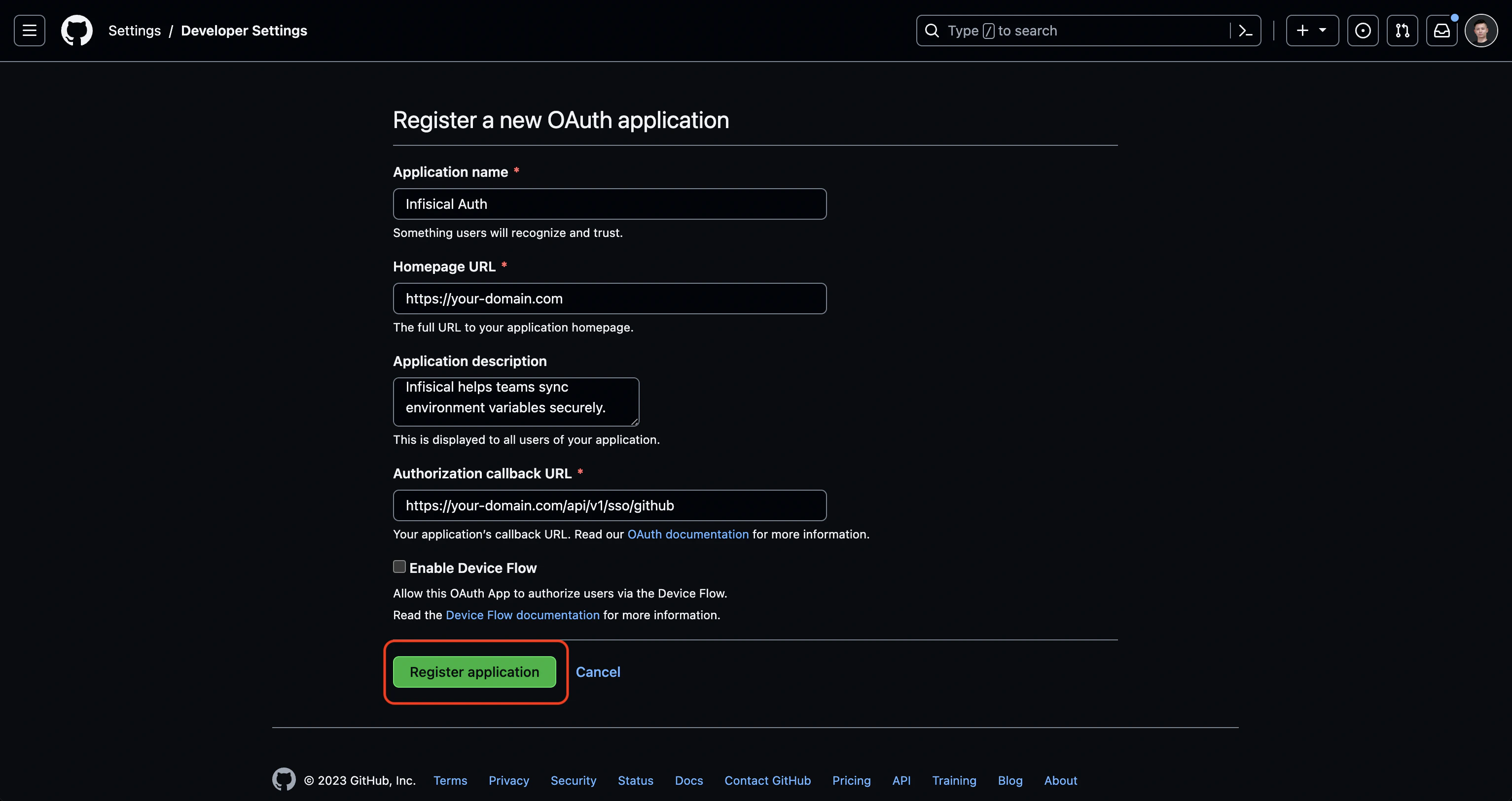 GitHub create new OAuth application form