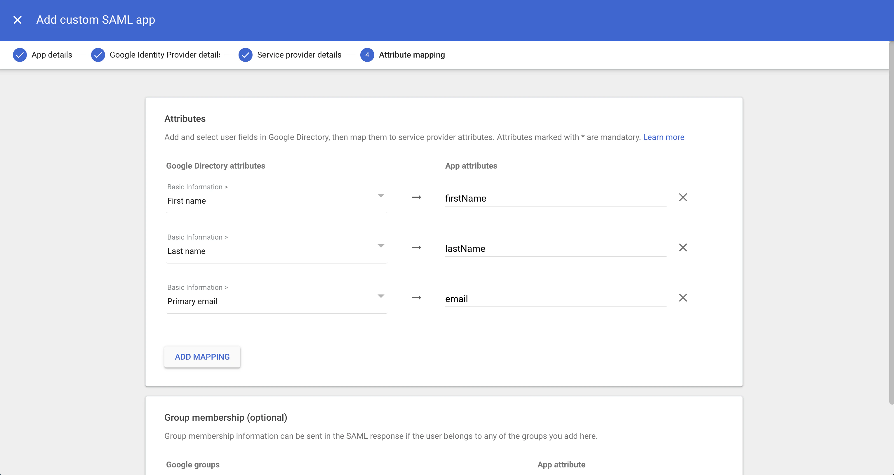 Google SAML attribute mapping