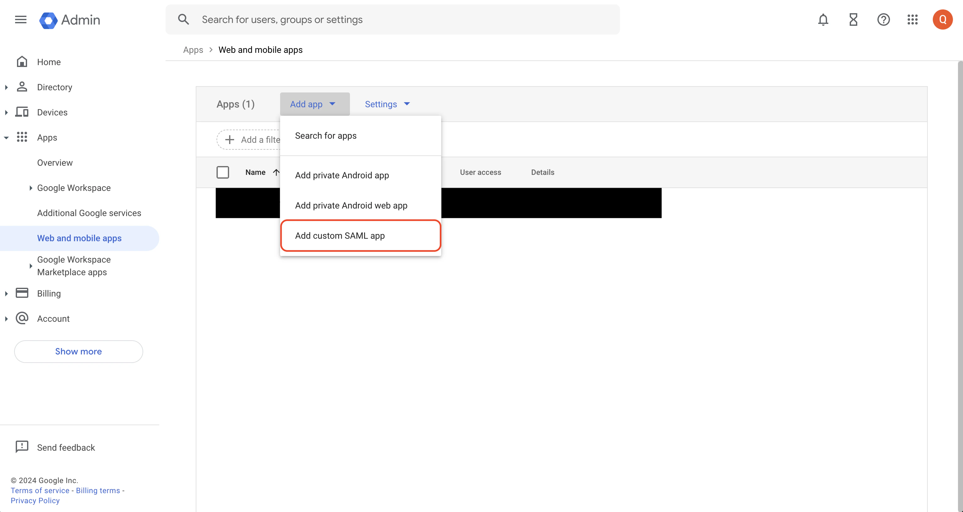 Google SAML app creation