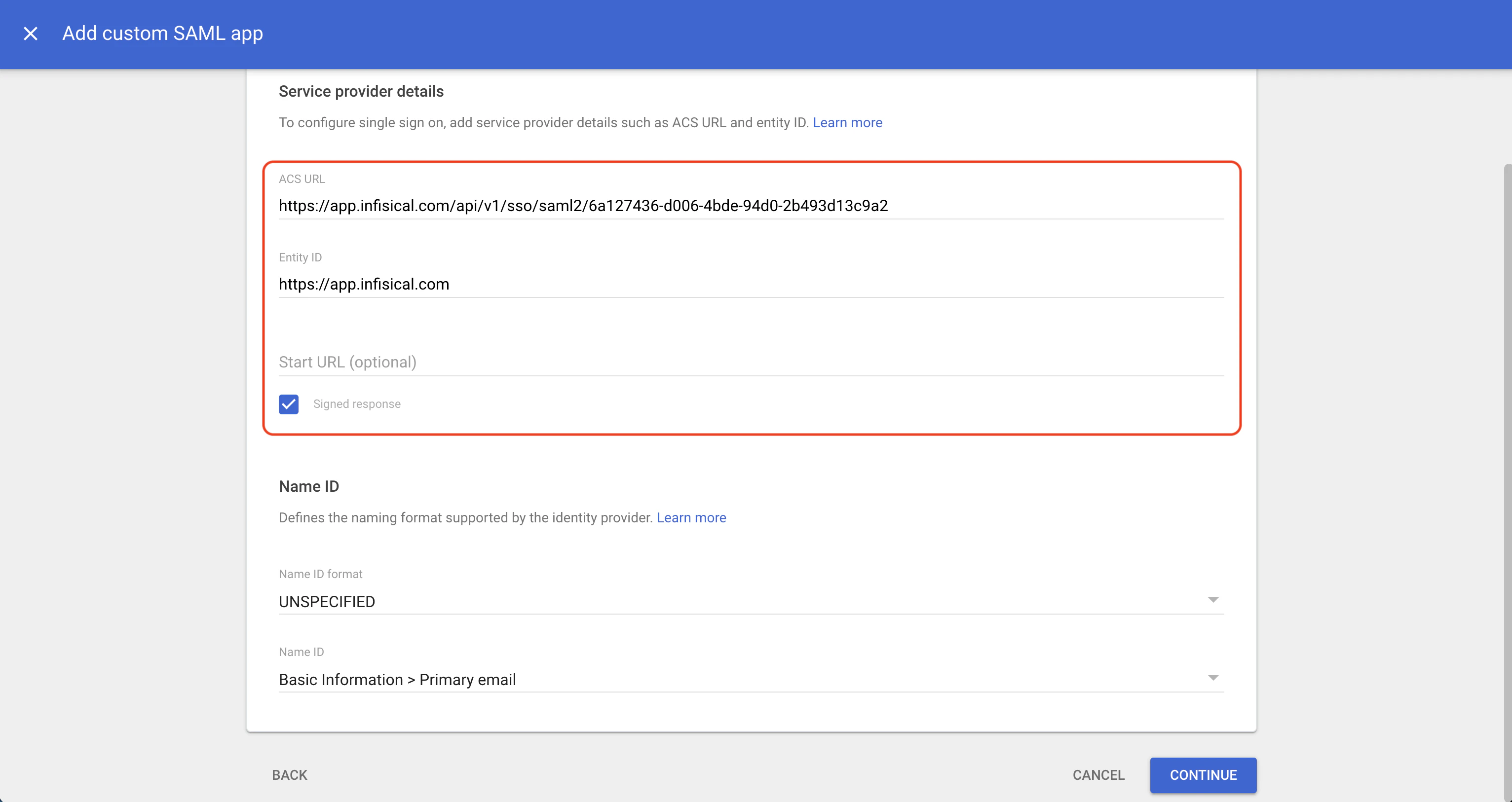 Google SAML app config 2