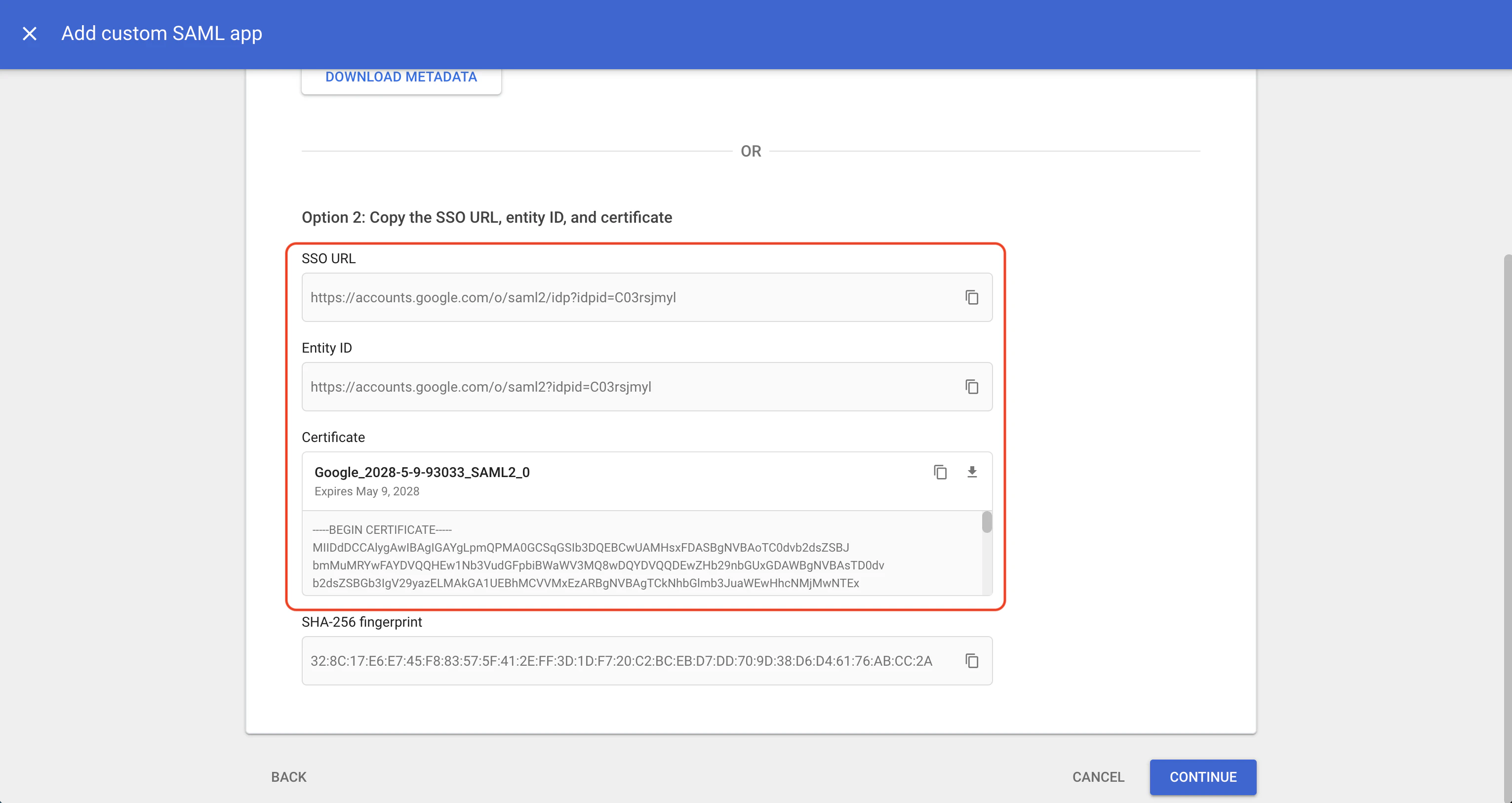 Google SAML custom app details