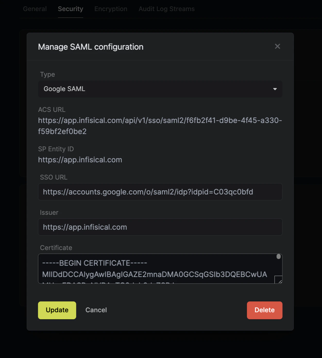 Google SAML Infisical config