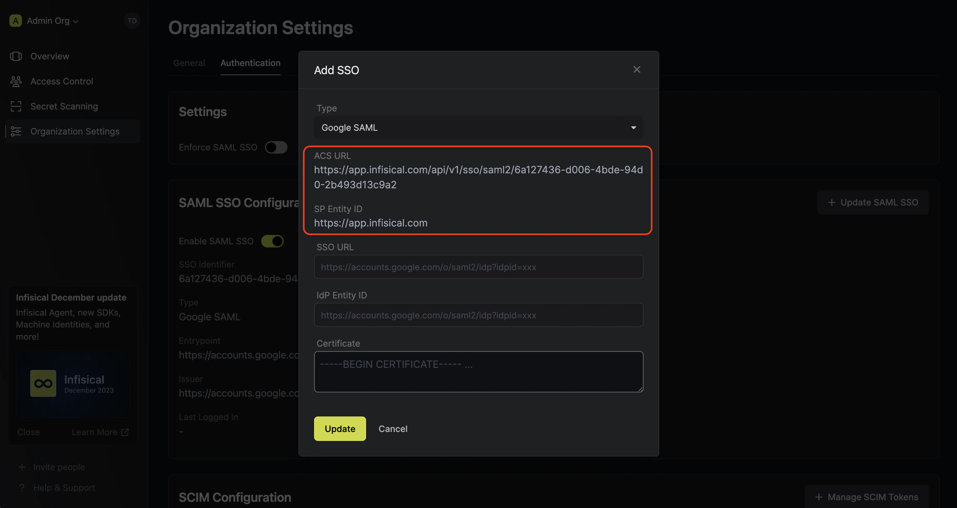 Google SAML initial configuration