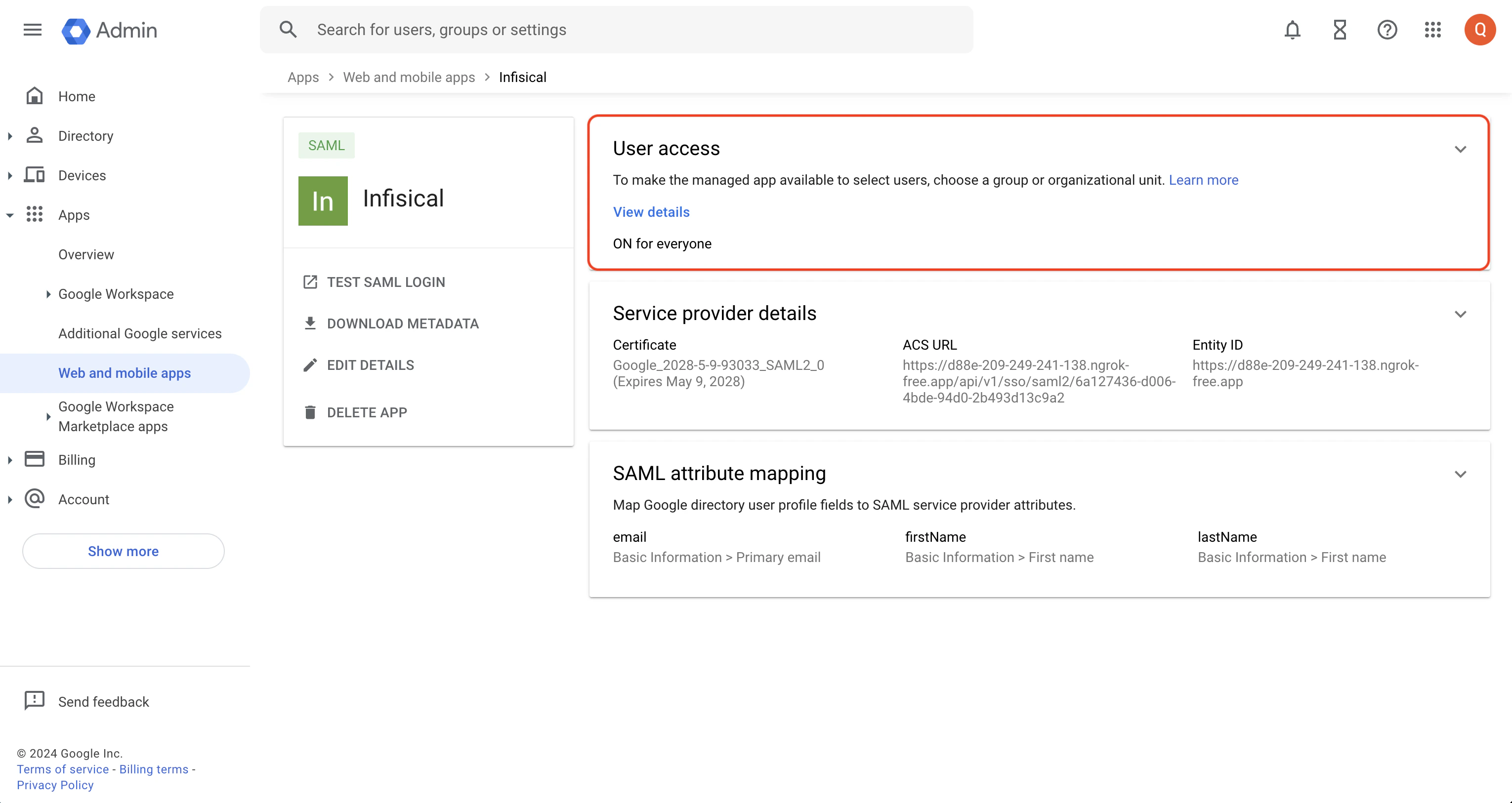 Google SAML user access