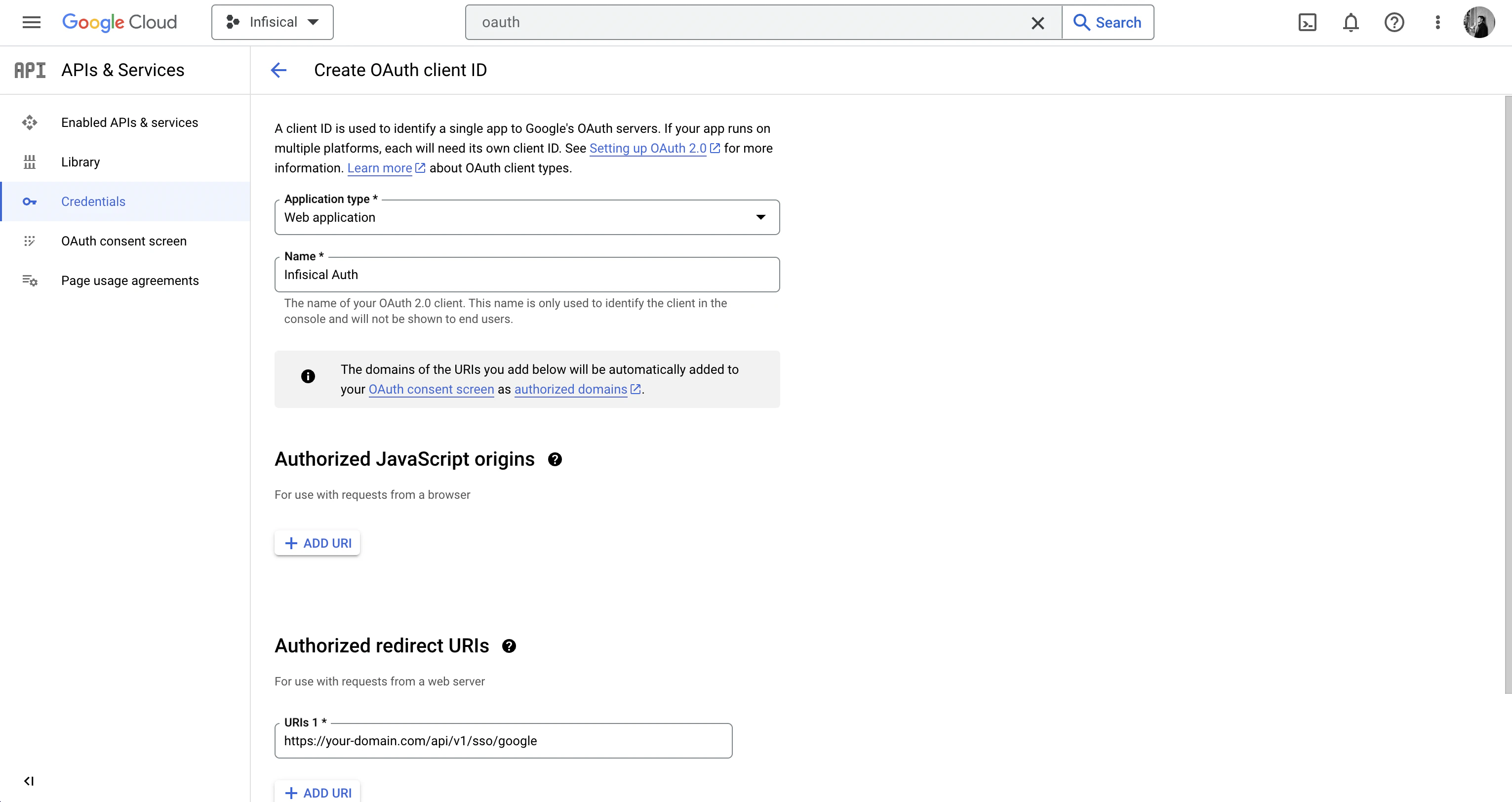GCP create new OAuth2 application form