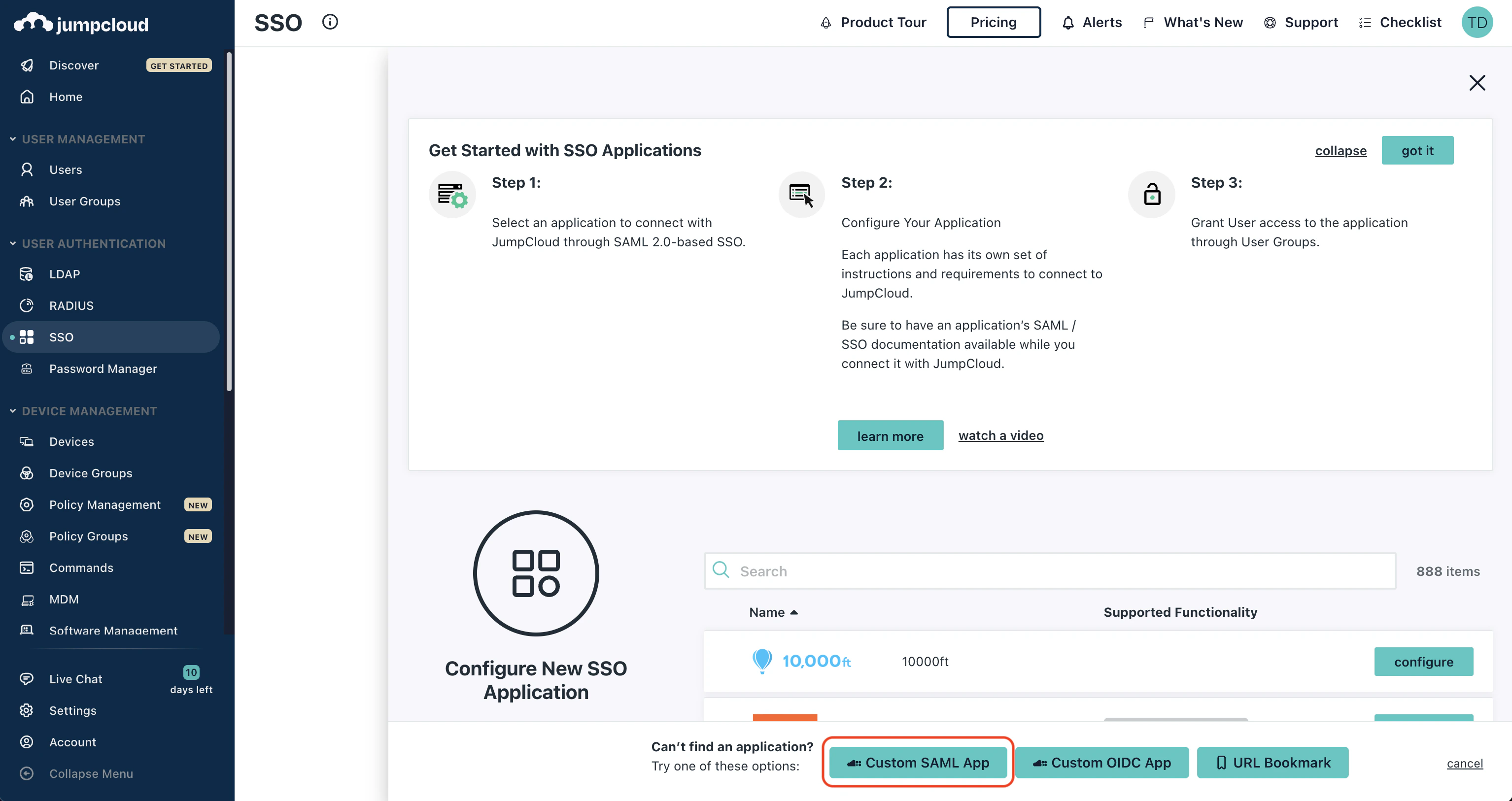 JumpCloud custom SAML app