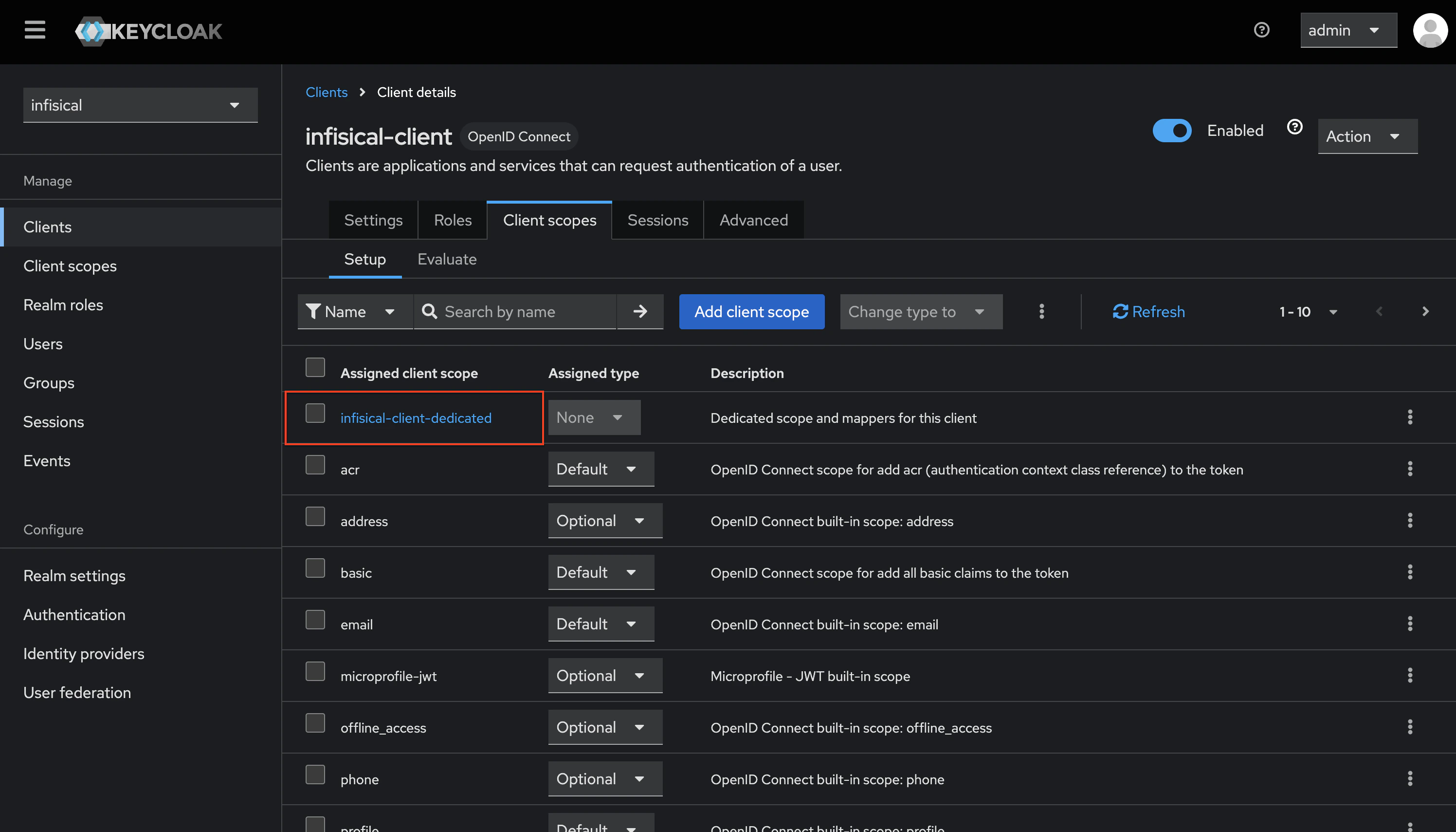 OIDC keycloak client scopes list
