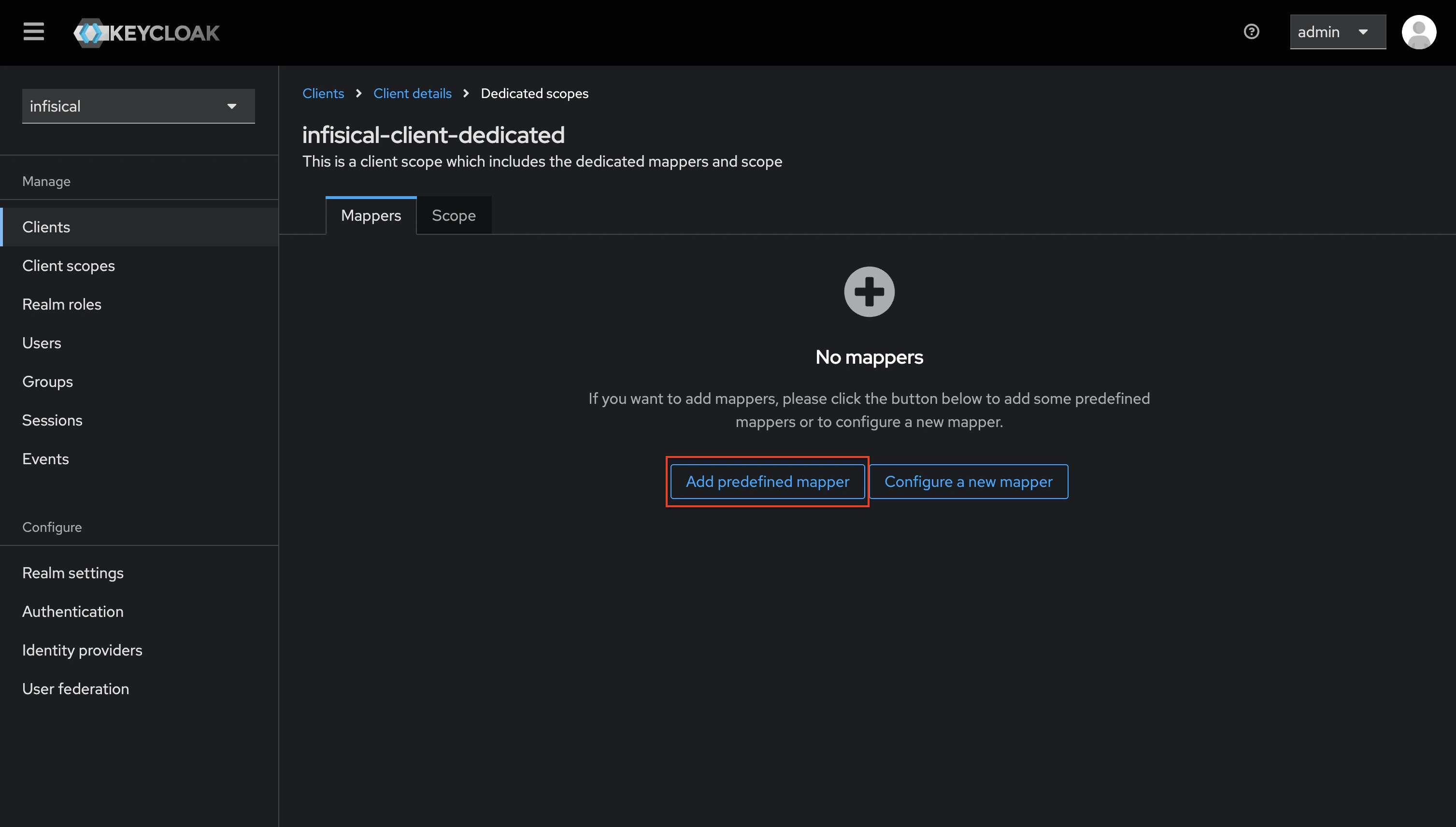 OIDC keycloak client mappers empty