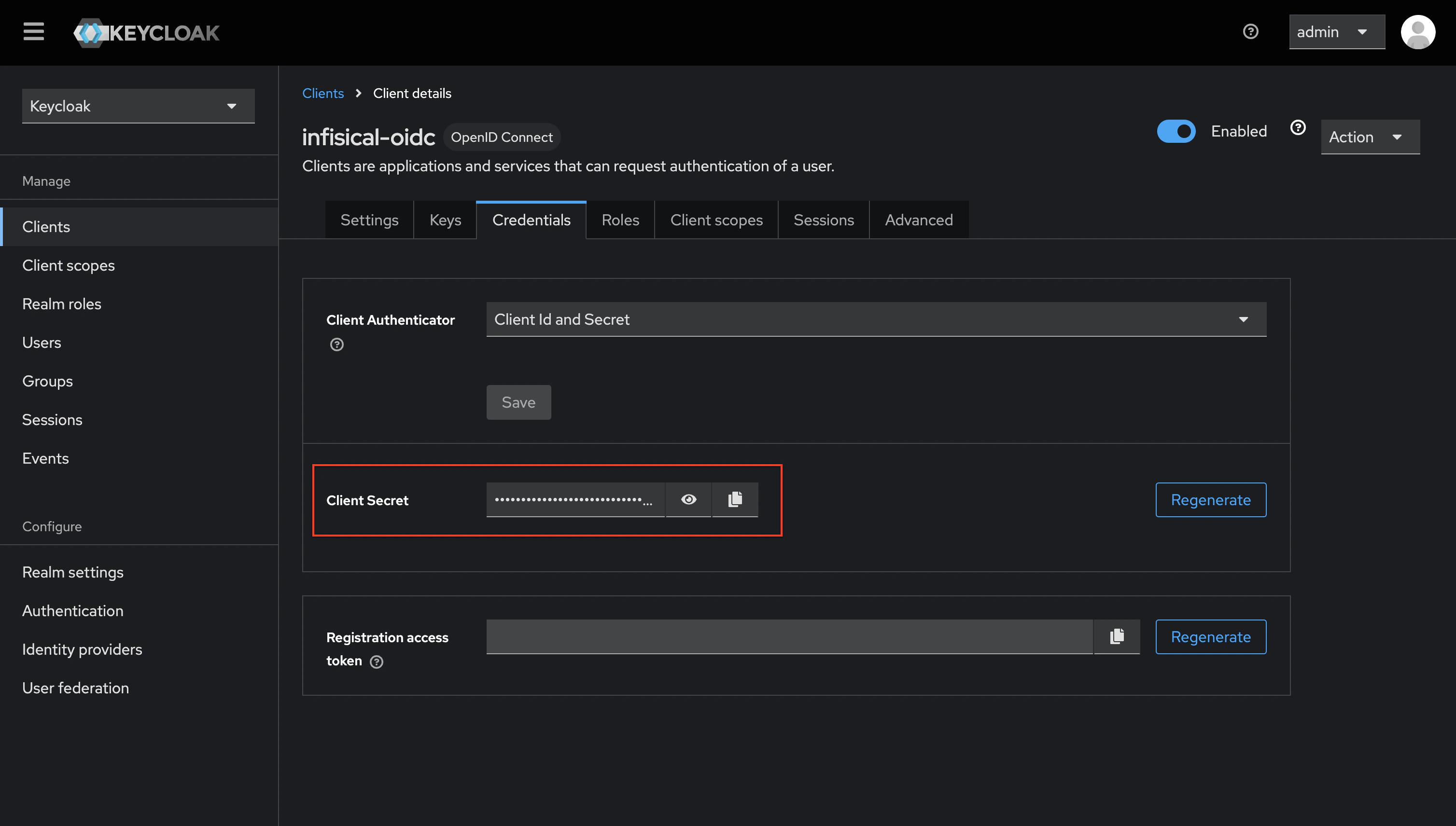 OIDC keycloak realm OIDC secret