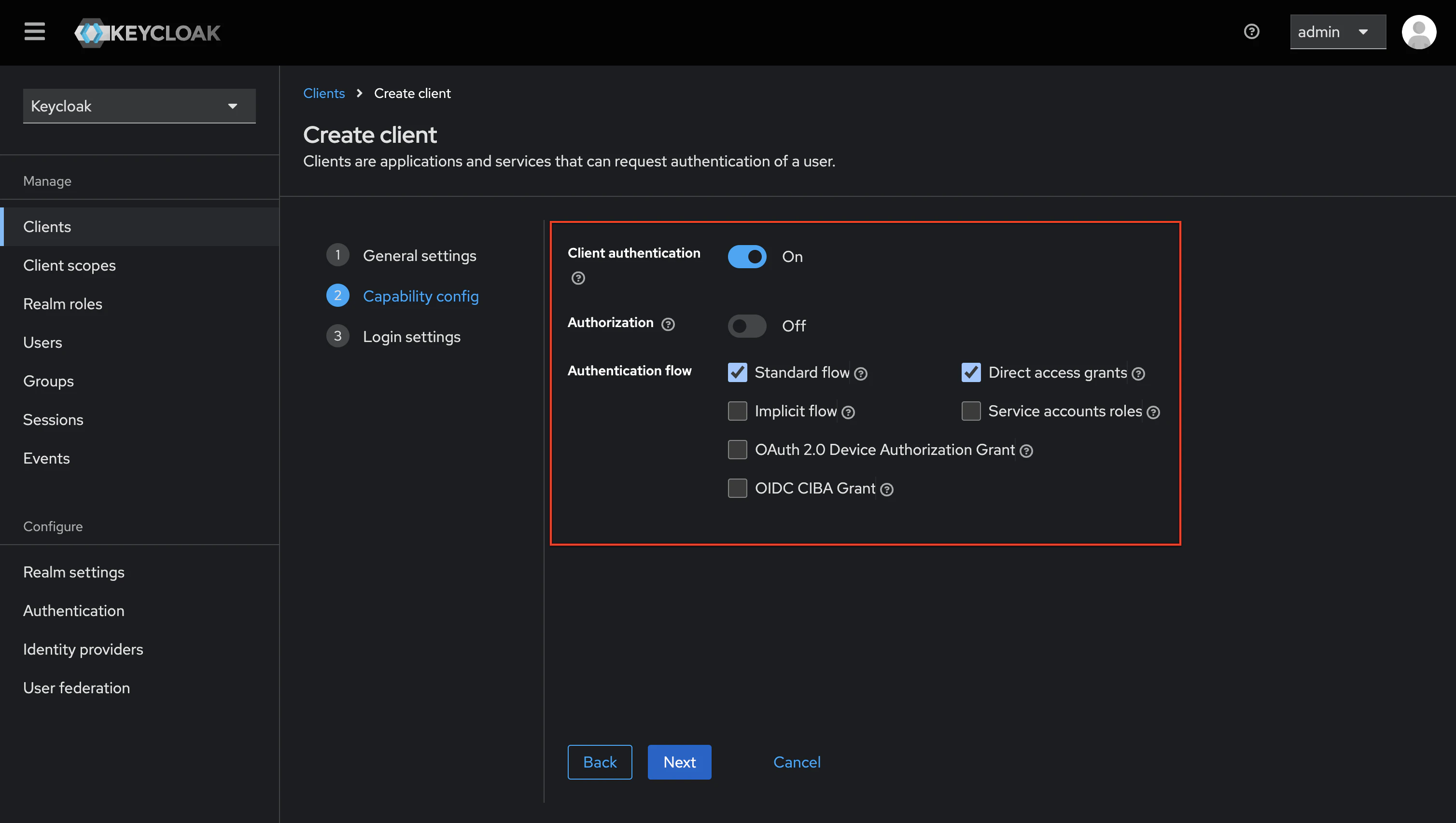 OIDC keycloak create client capability config settings