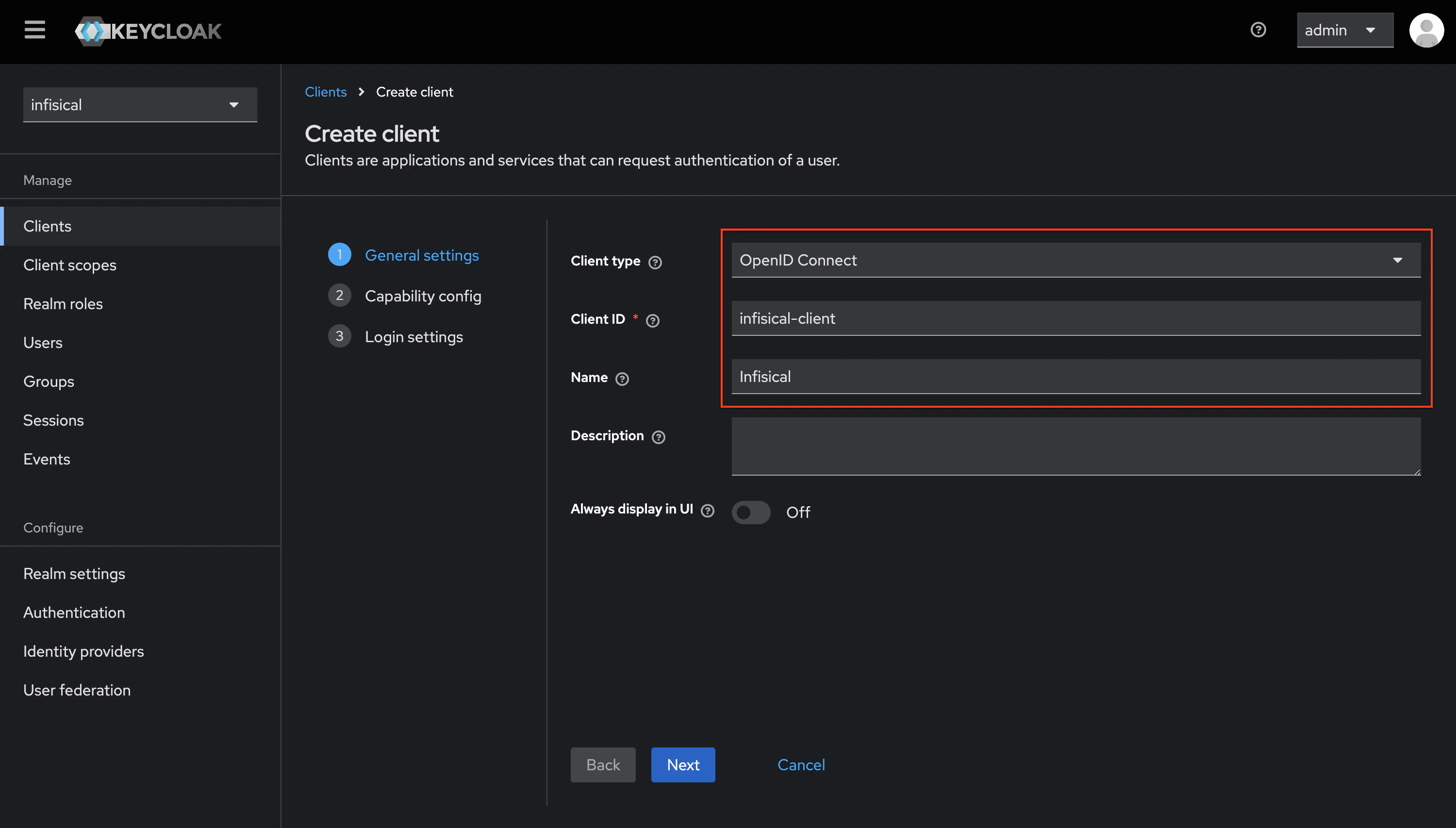 OIDC keycloak create client general settings