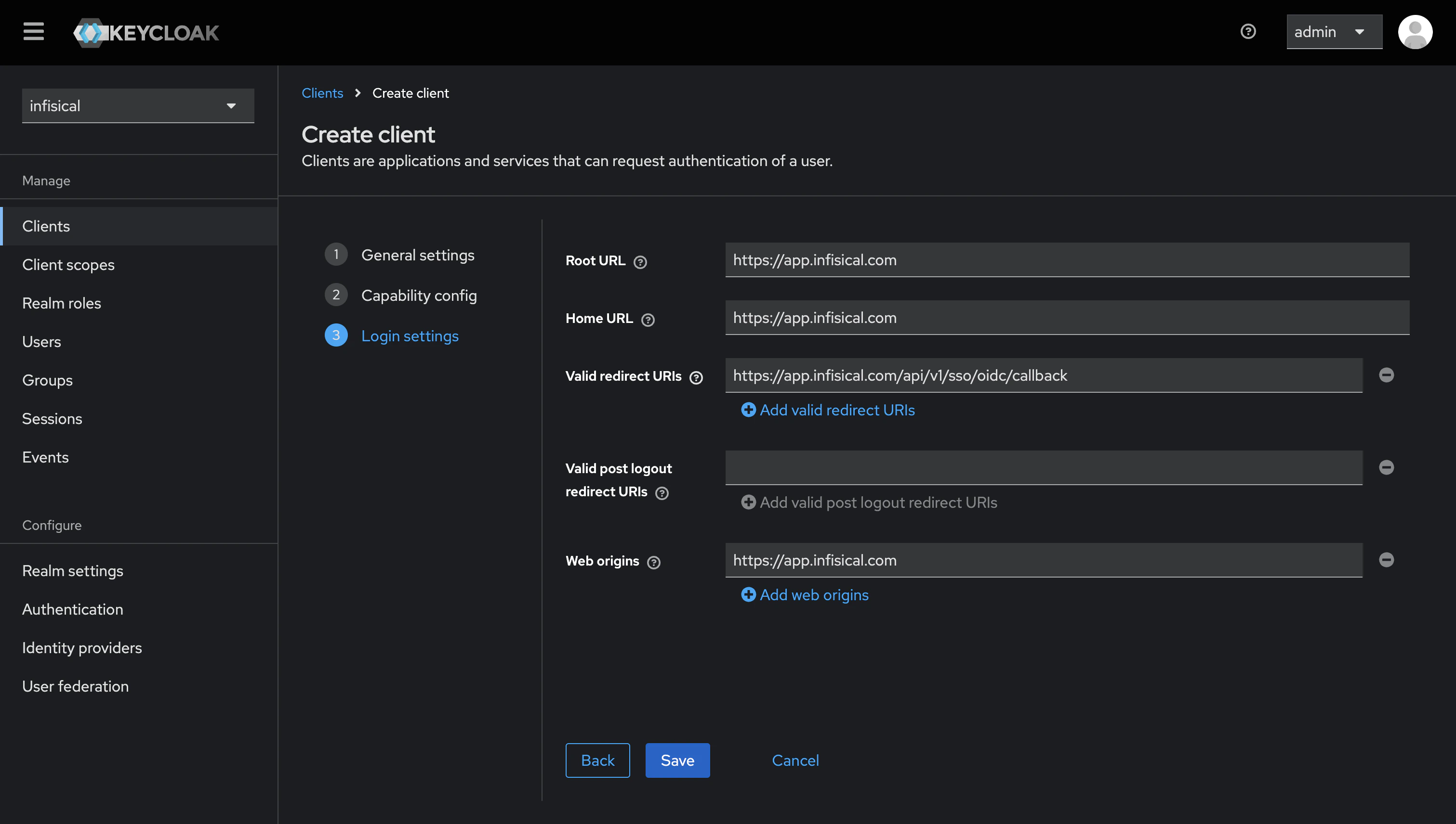 OIDC keycloak create client login settings
