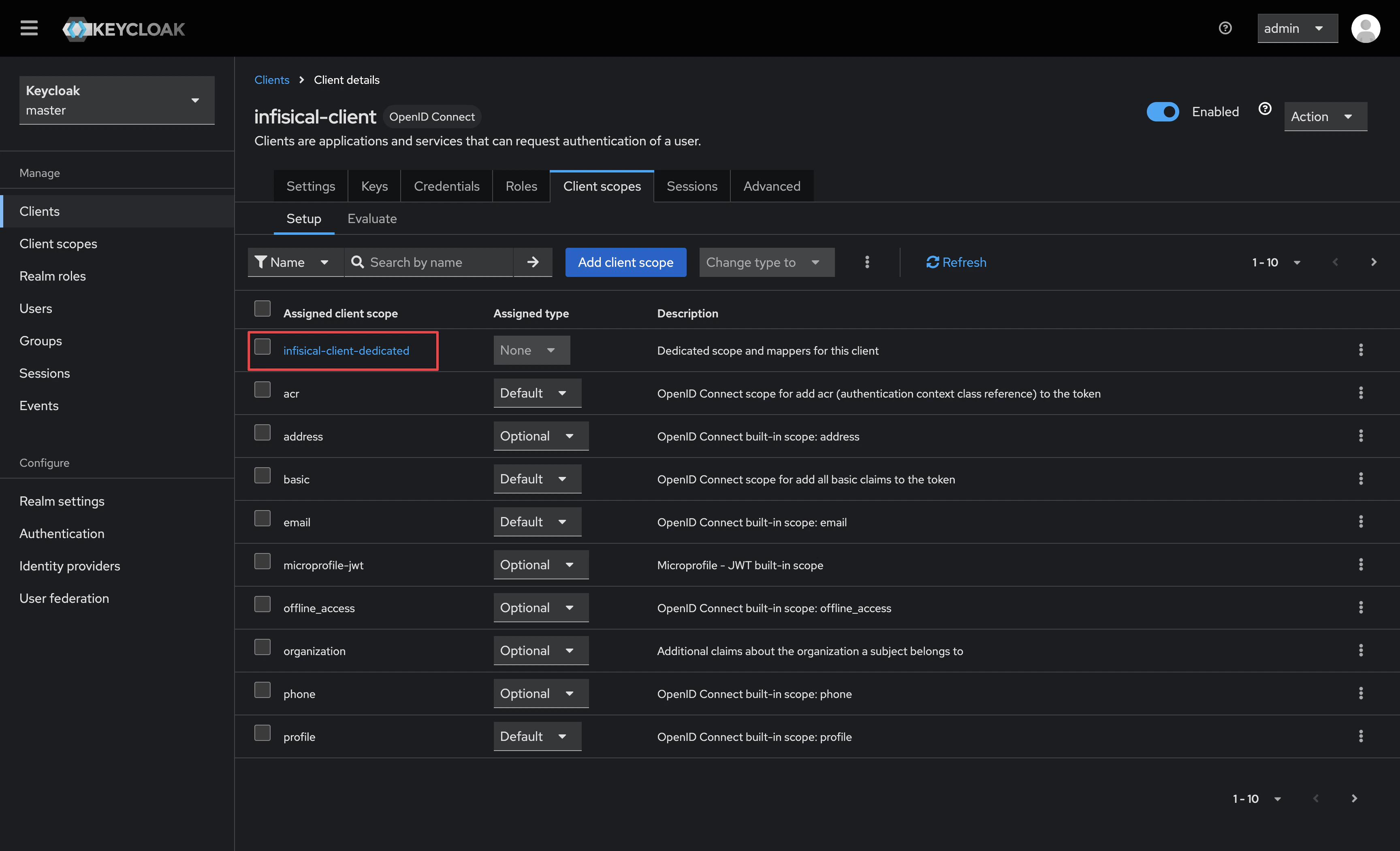 OIDC keycloak dedicated scope