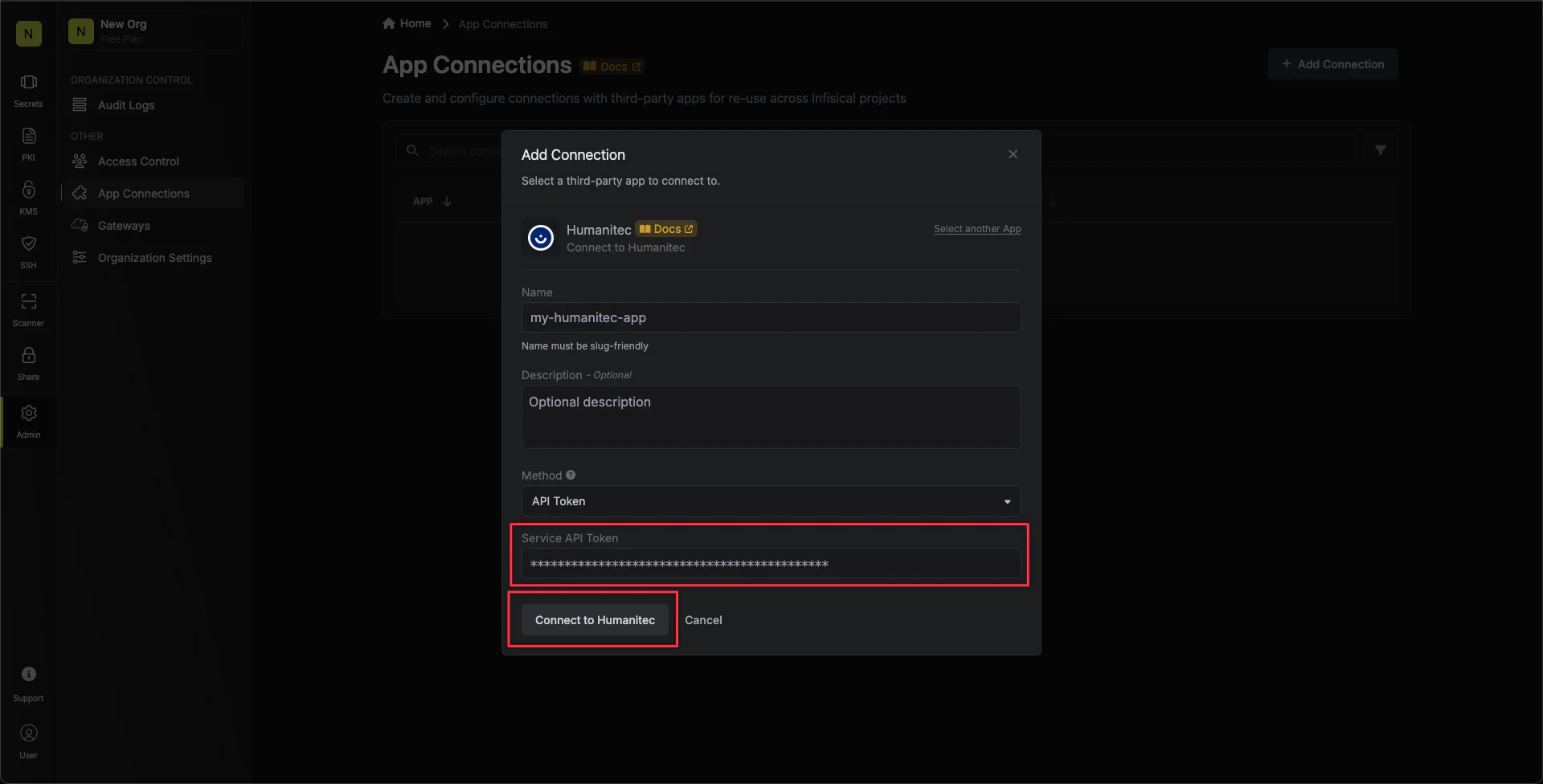 Humanitec Connection Modal