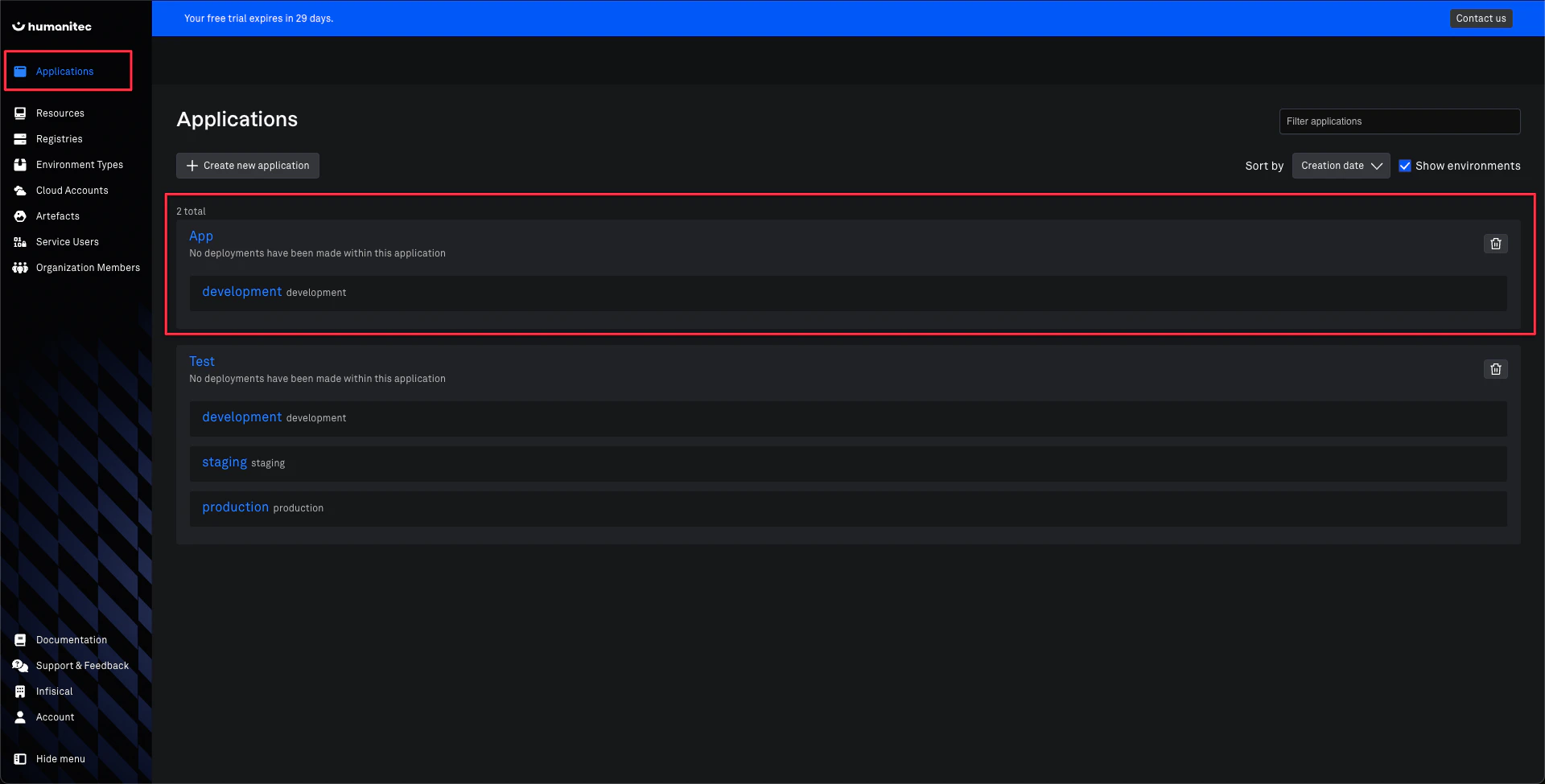 Humanitec Applications Tab