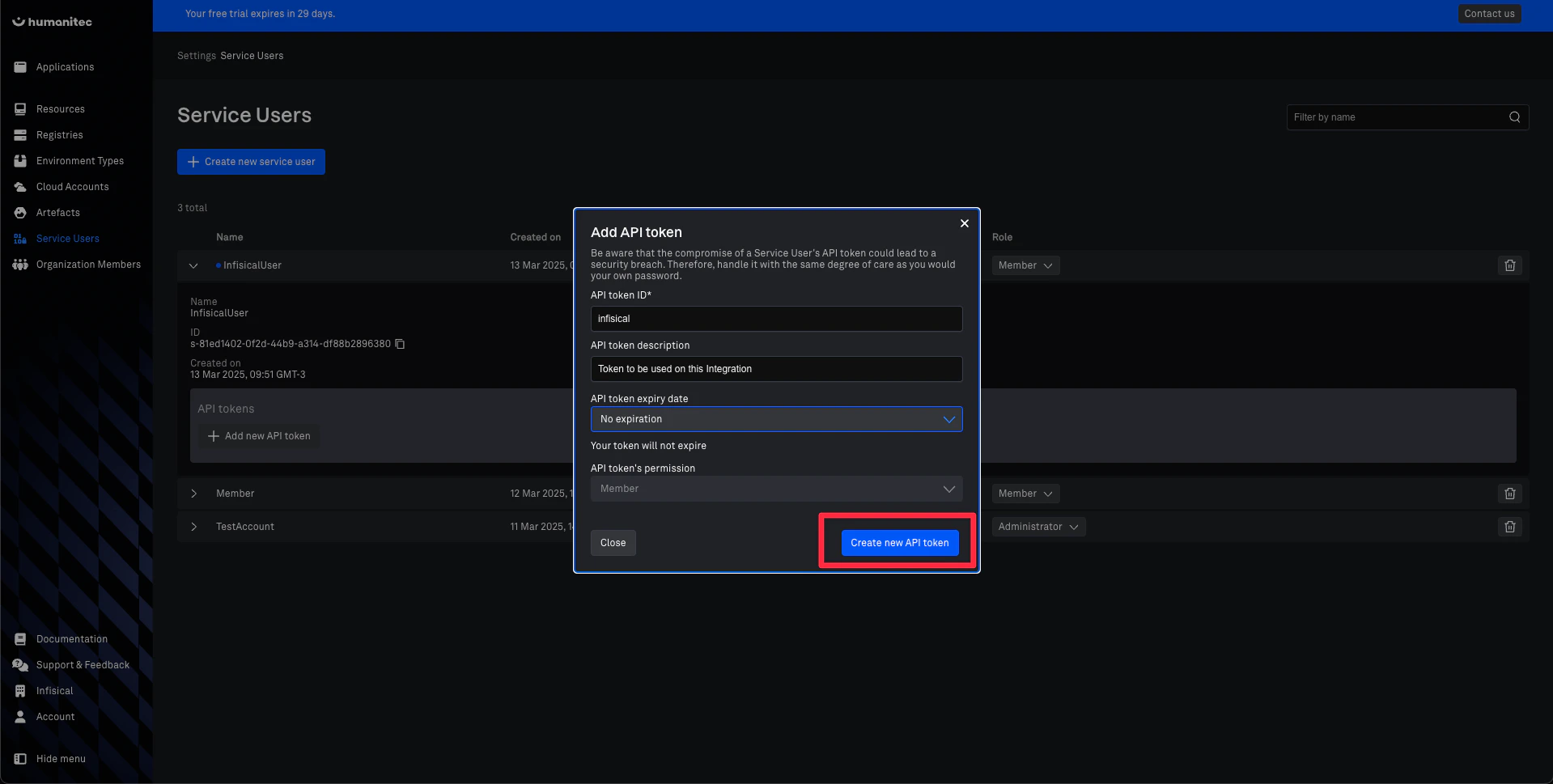 Humanitec Create API Token