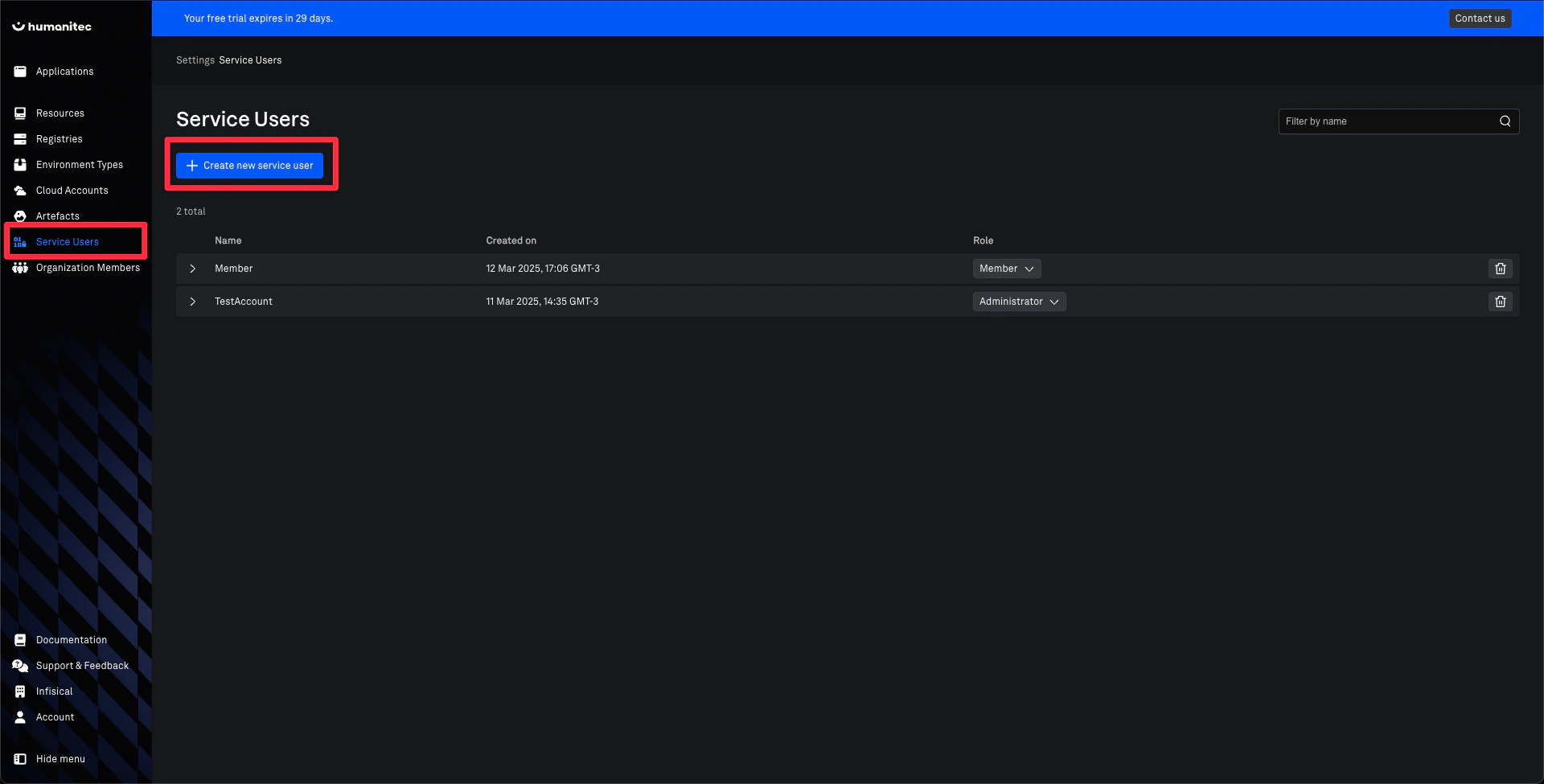 Humanitec Service Users Tab