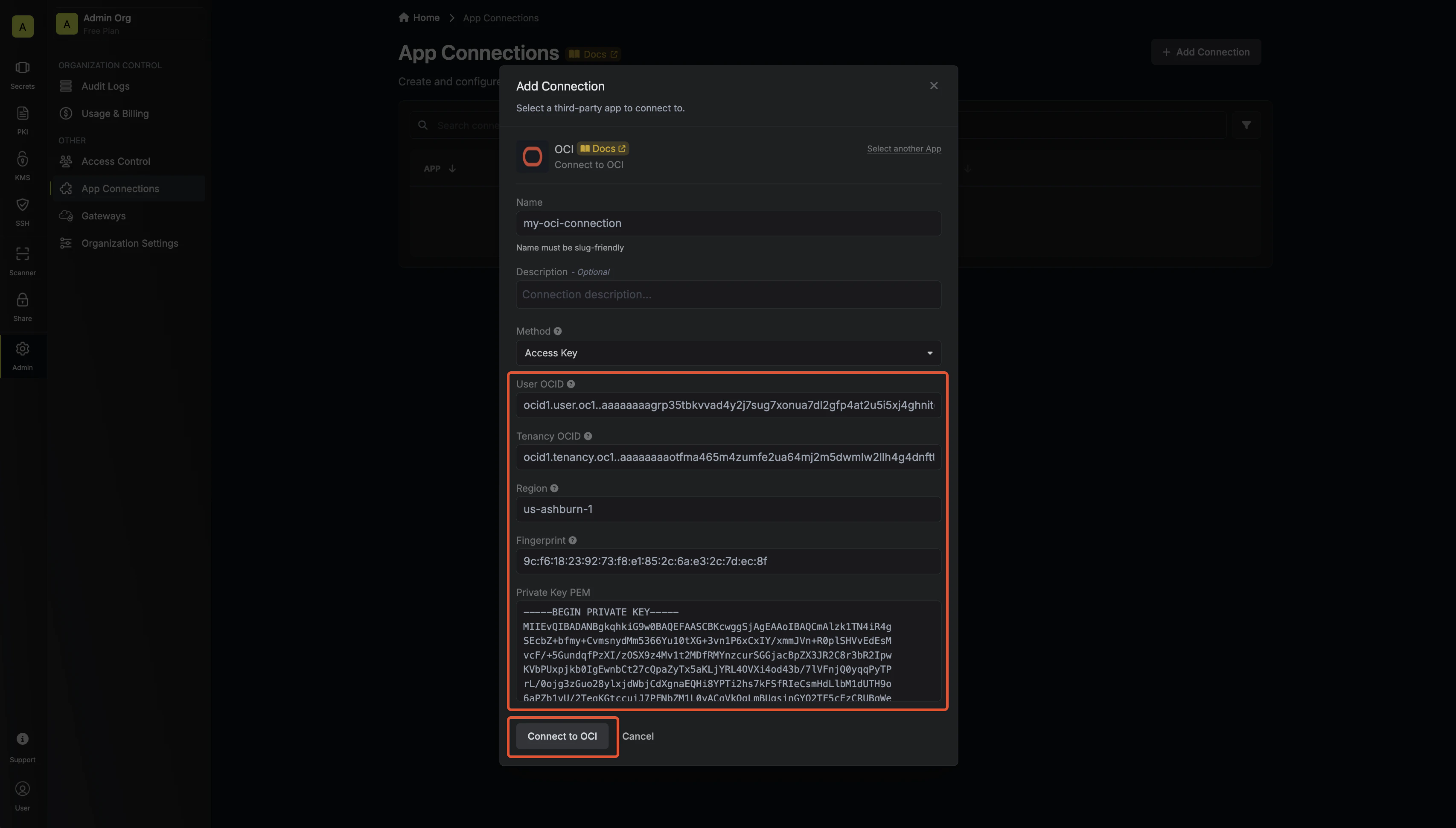 OCI Connection Modal