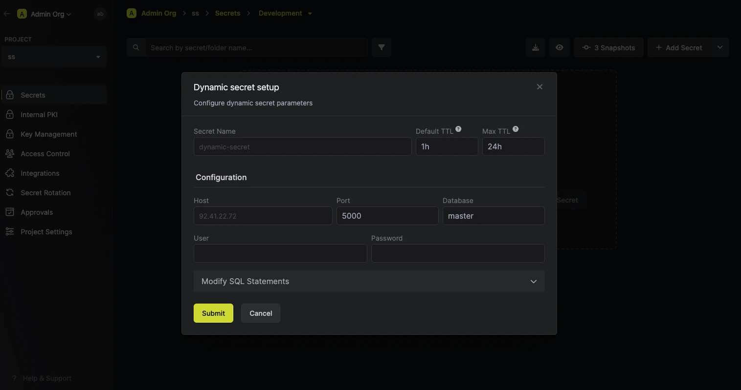 Dynamic Secret Setup Modal