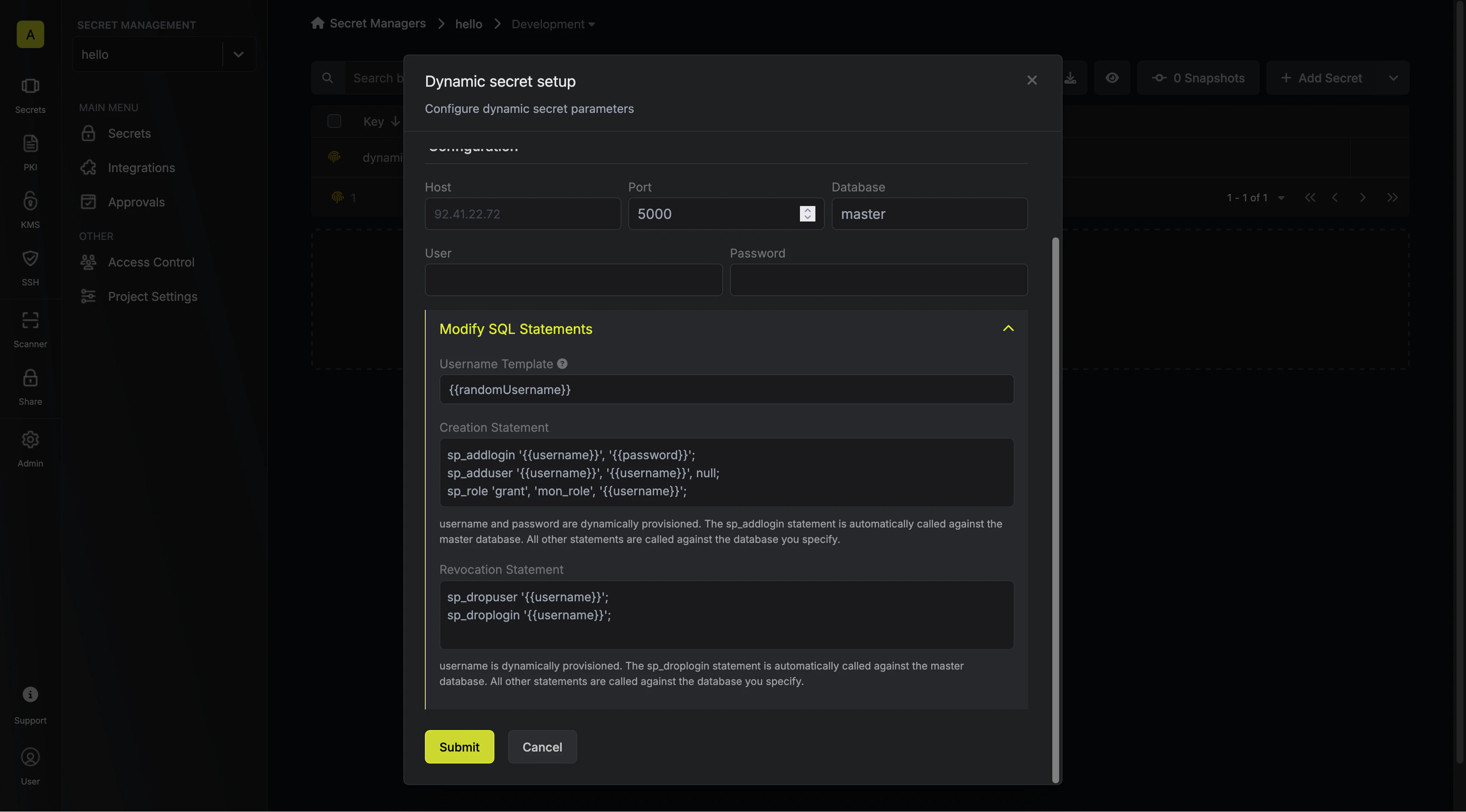 Modify SQL Statements Modal