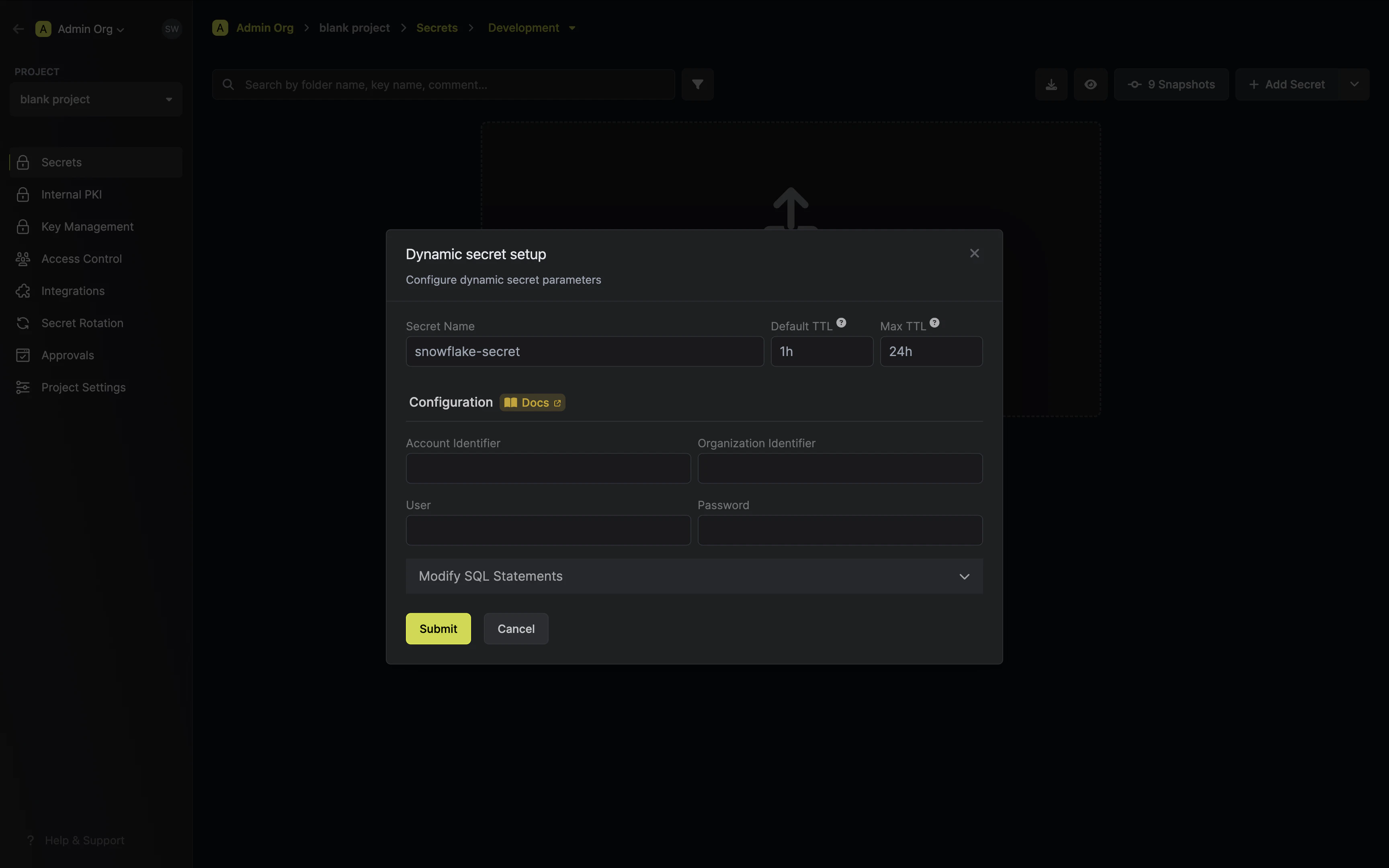 Dynamic Secret Setup Modal