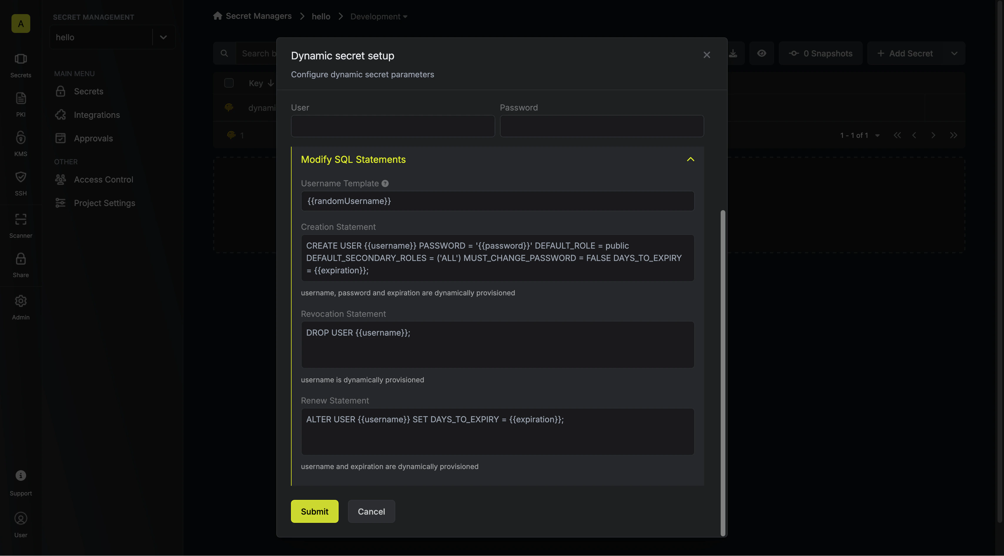 Modify SQL Statements Modal